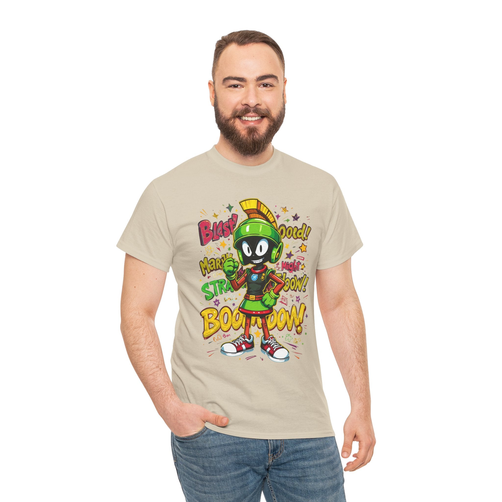 Man wearing a Sand t-shirt with a cartoon character design on a white background