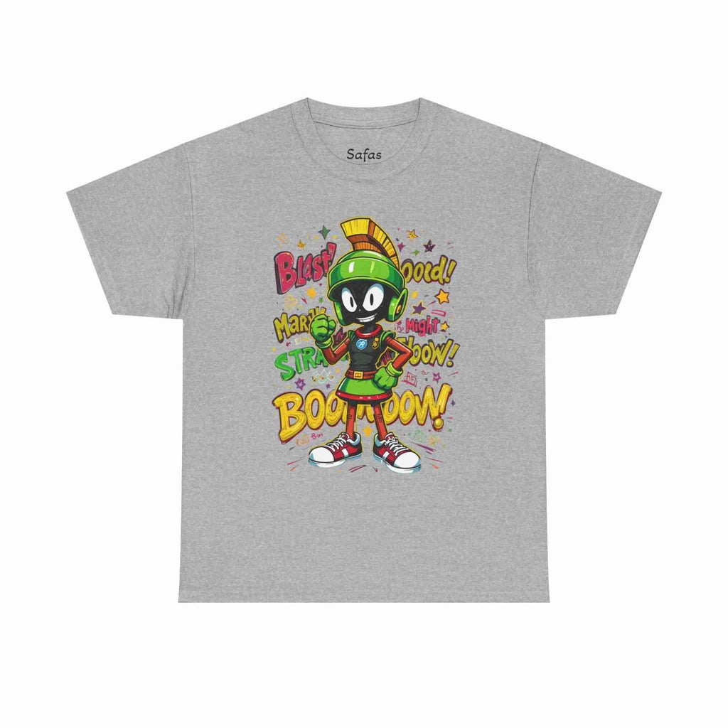 Sport Gray t-shirt with a cartoon character and colorful text on a white background