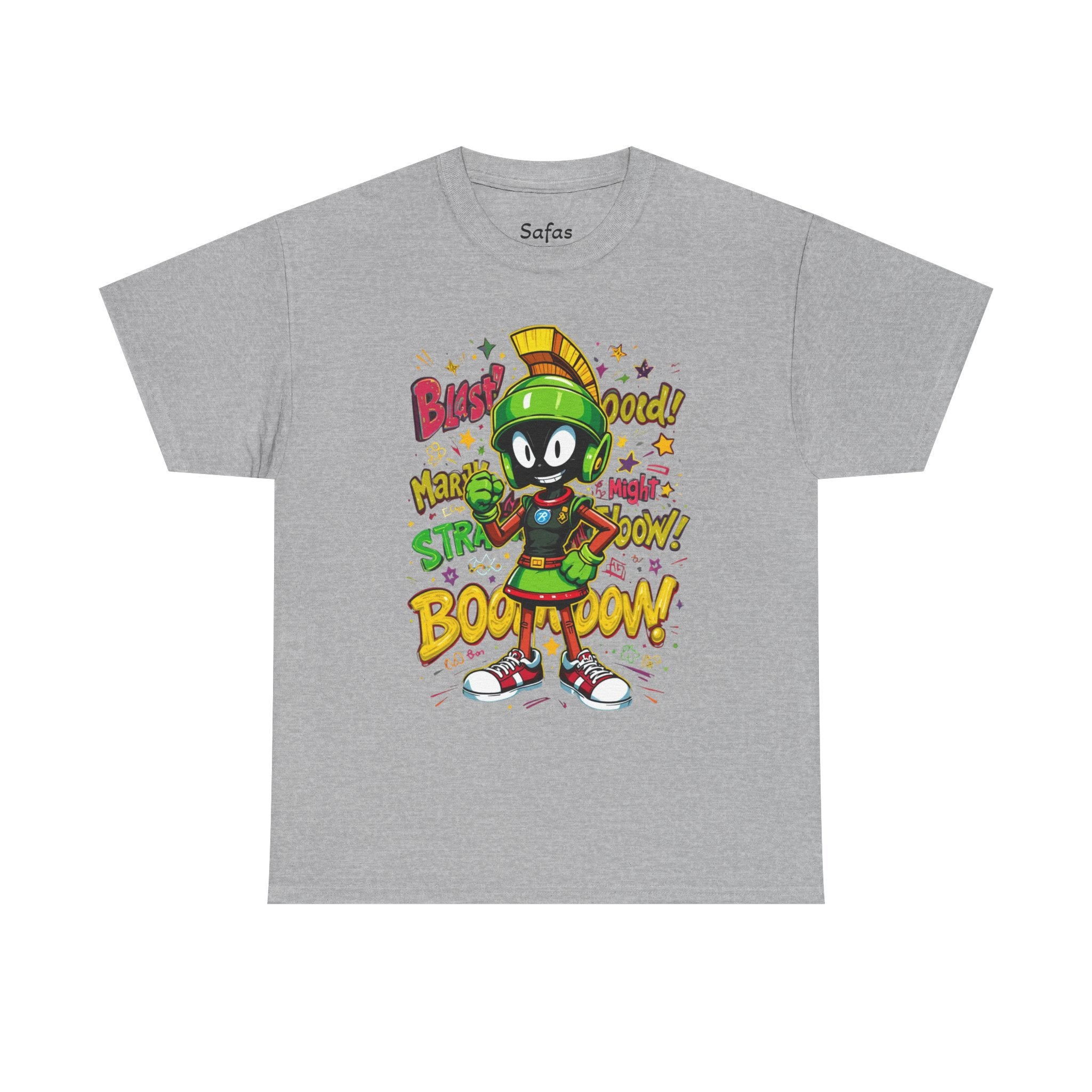 Sport Gray t-shirt with a cartoon character and colorful text on a white background