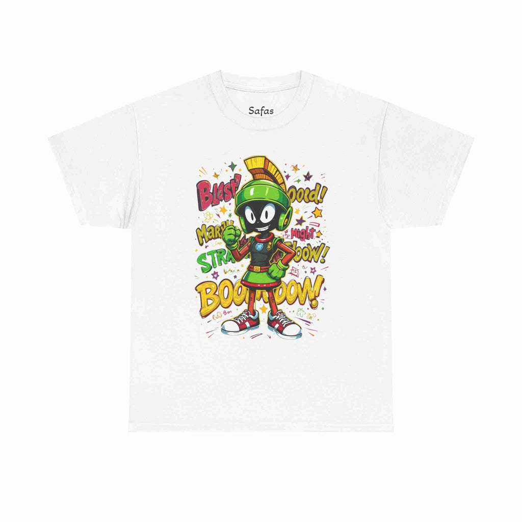 White t-shirt with cartoon character and colorful text on a white background