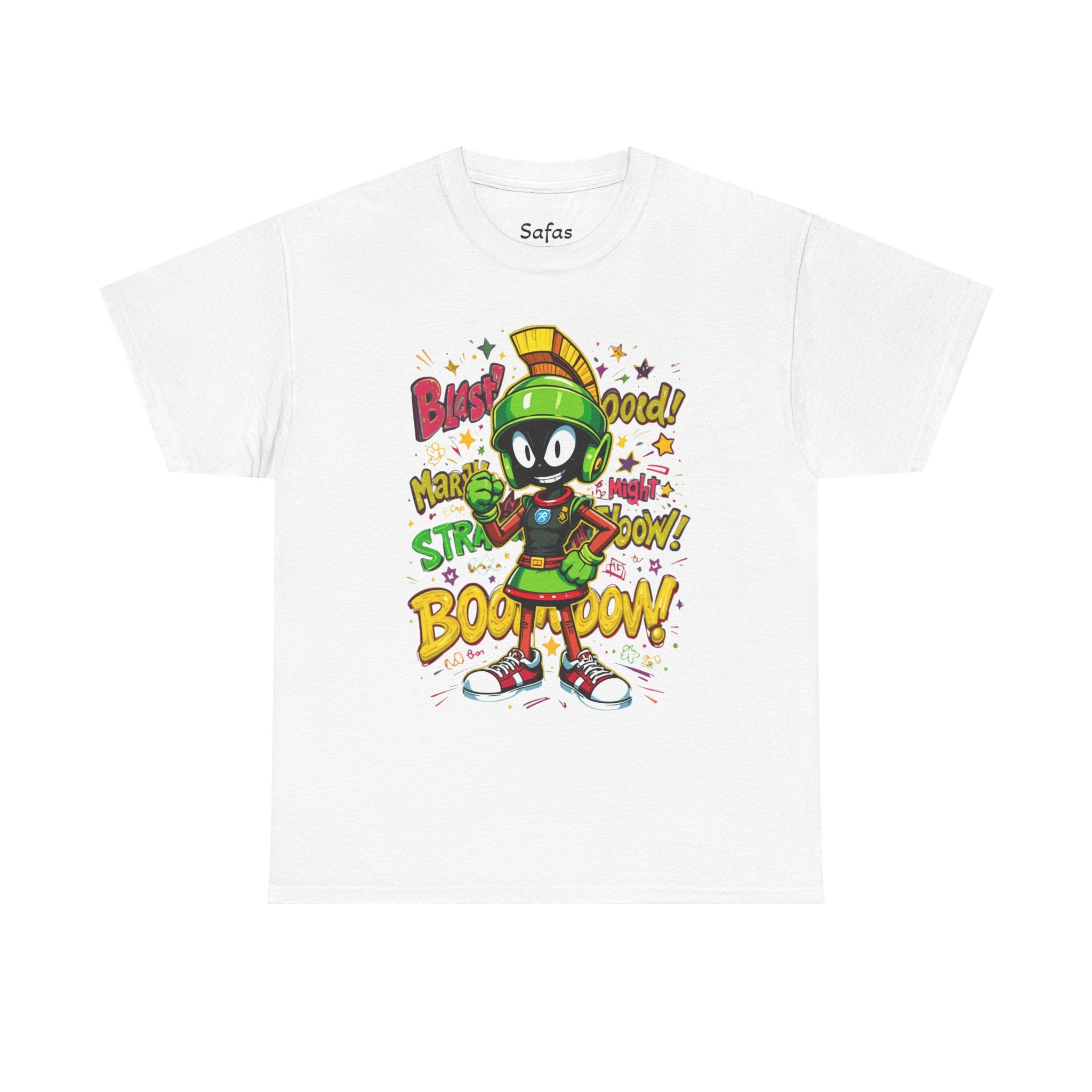 White t-shirt with cartoon character and colorful text on a white background