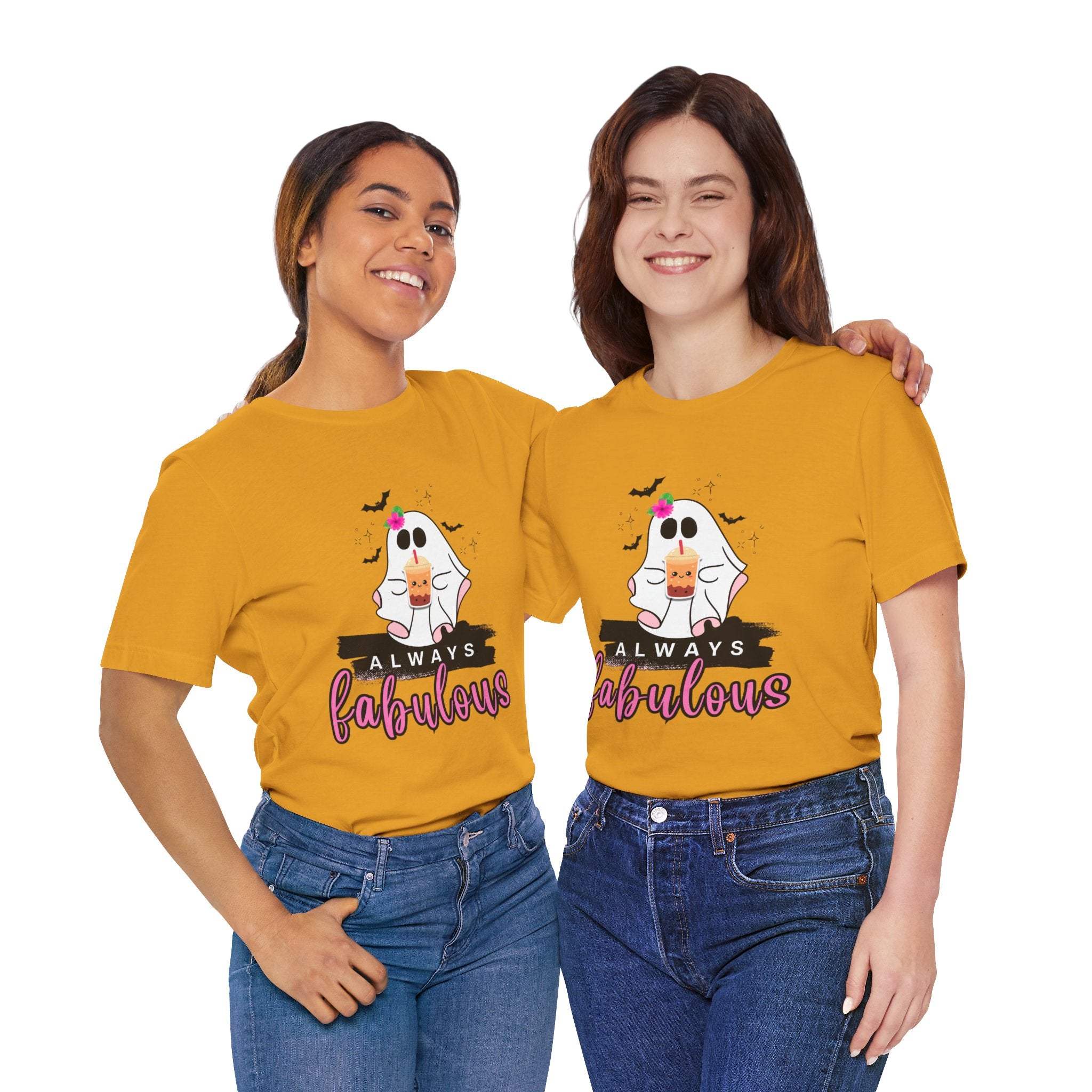 Two people wearing mastard t-shirts with a ghost and text design on a white background