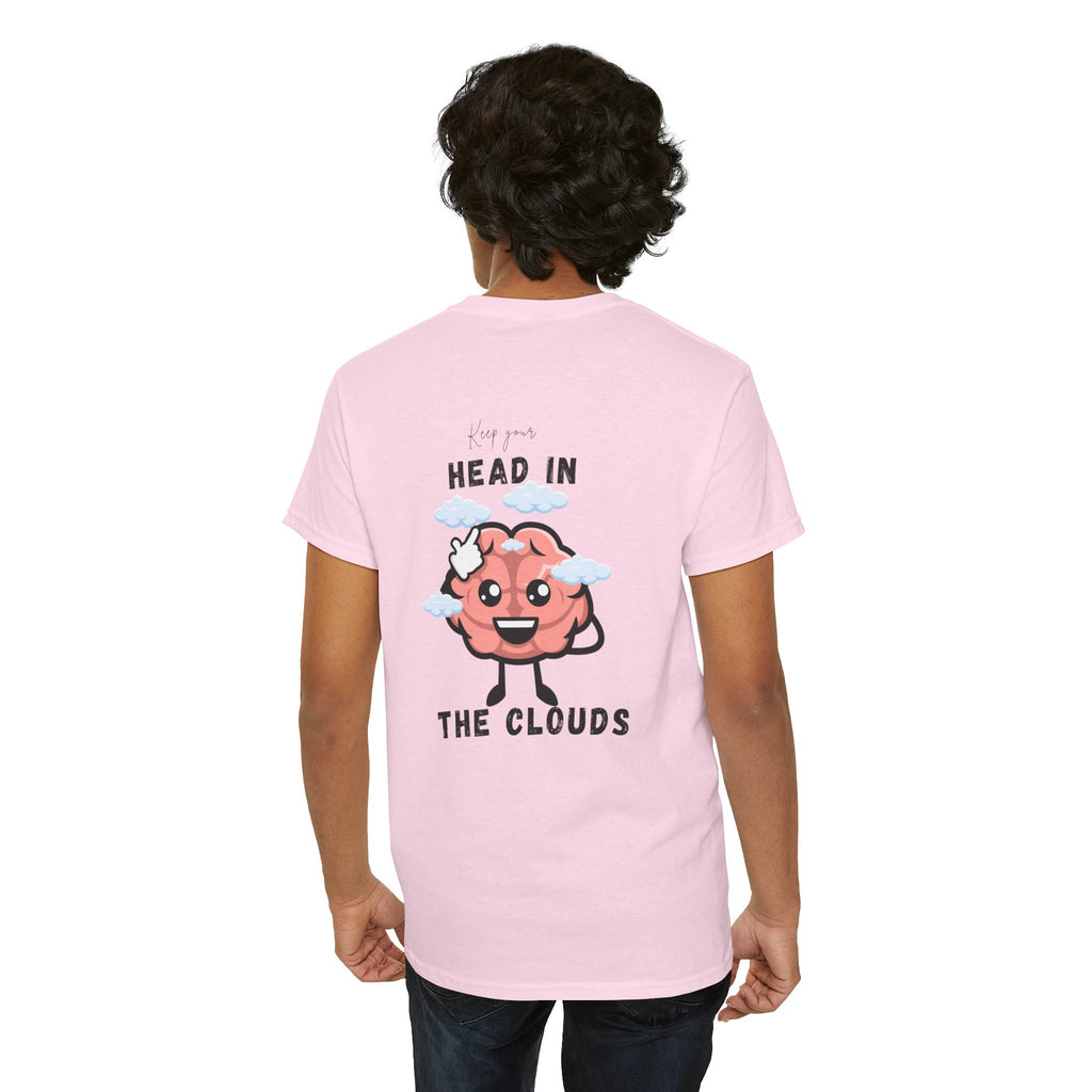 Person wearing a light pink t-shirt with a brain graphic and text on the back, on a white background
