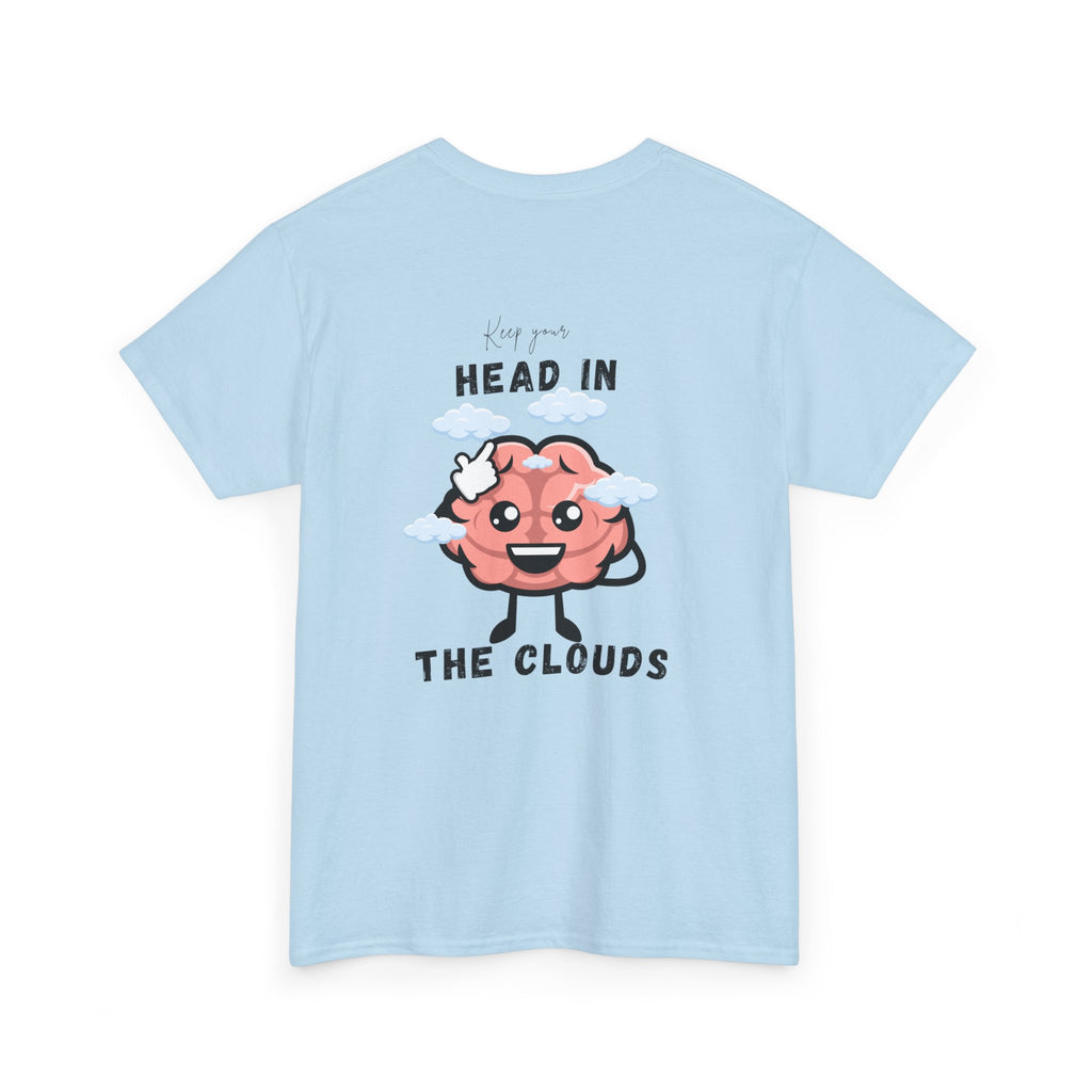 Light blue t-shirt with a cartoon brain graphic and text on a white background
