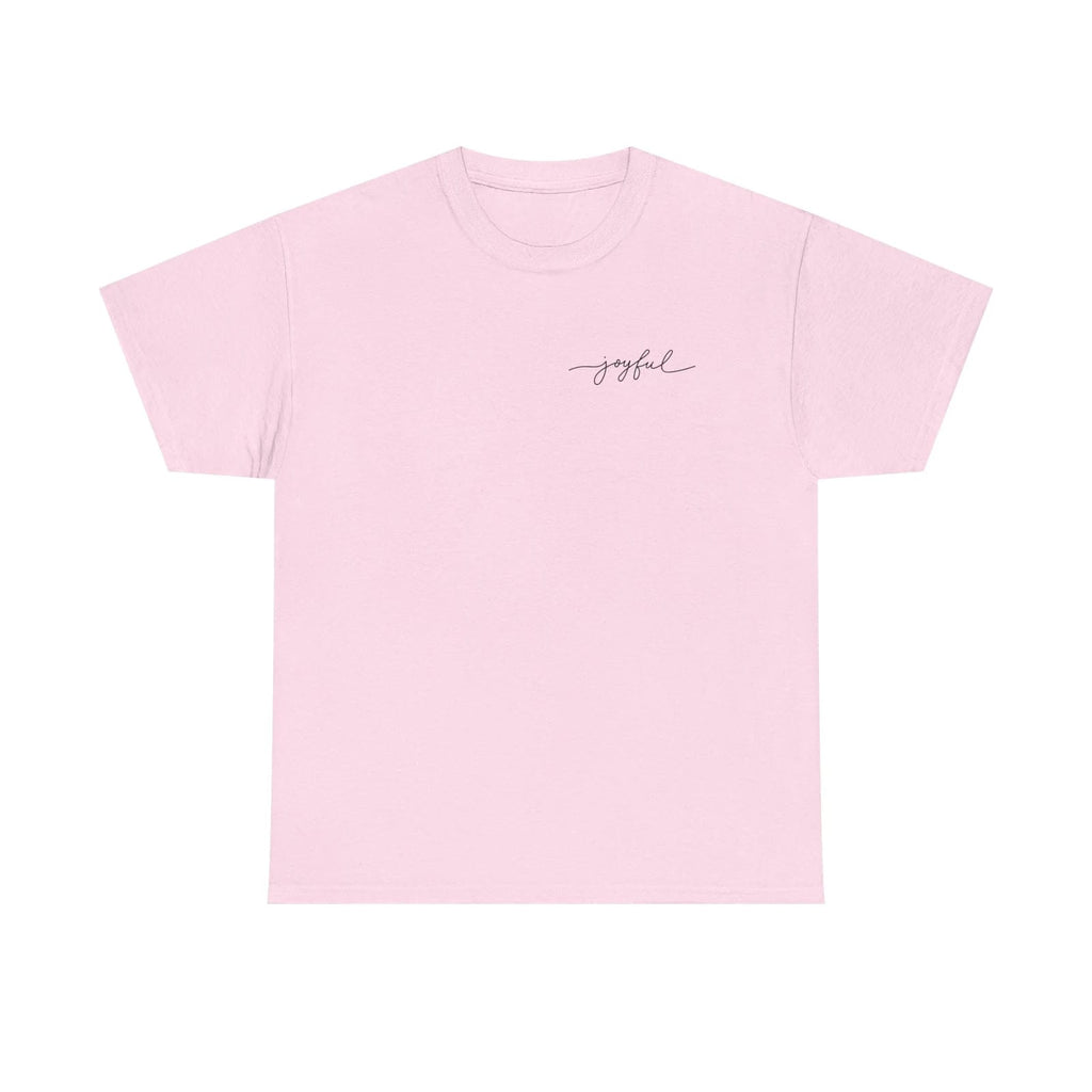 Light Pink t-shirt with 'joyful' text on a white background