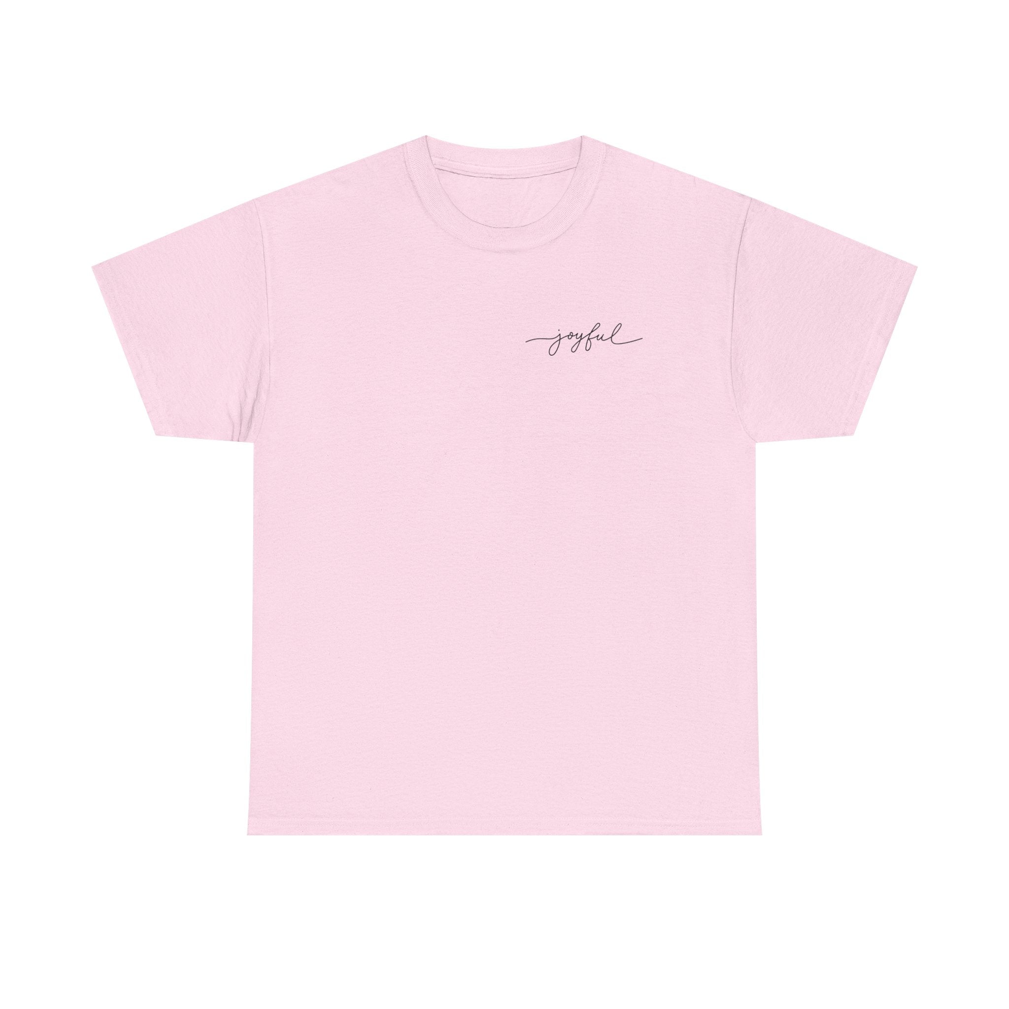 Light Pink t-shirt with 'joyful' text on a white background