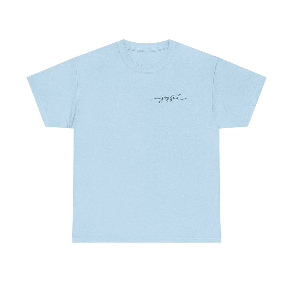 Light blue t-shirt with 'joyful' text on a white background