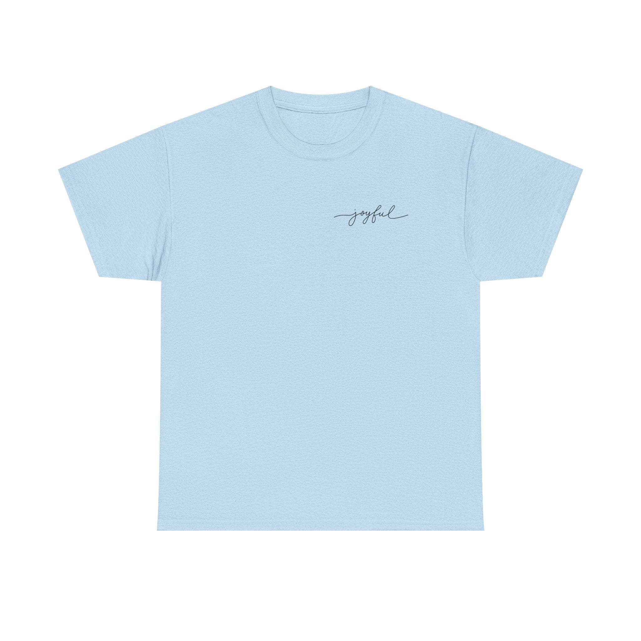 Light blue t-shirt with 'joyful' text on a white background