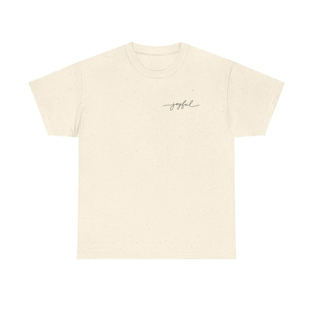 Natural t-shirt with 'joyful' text on a white background