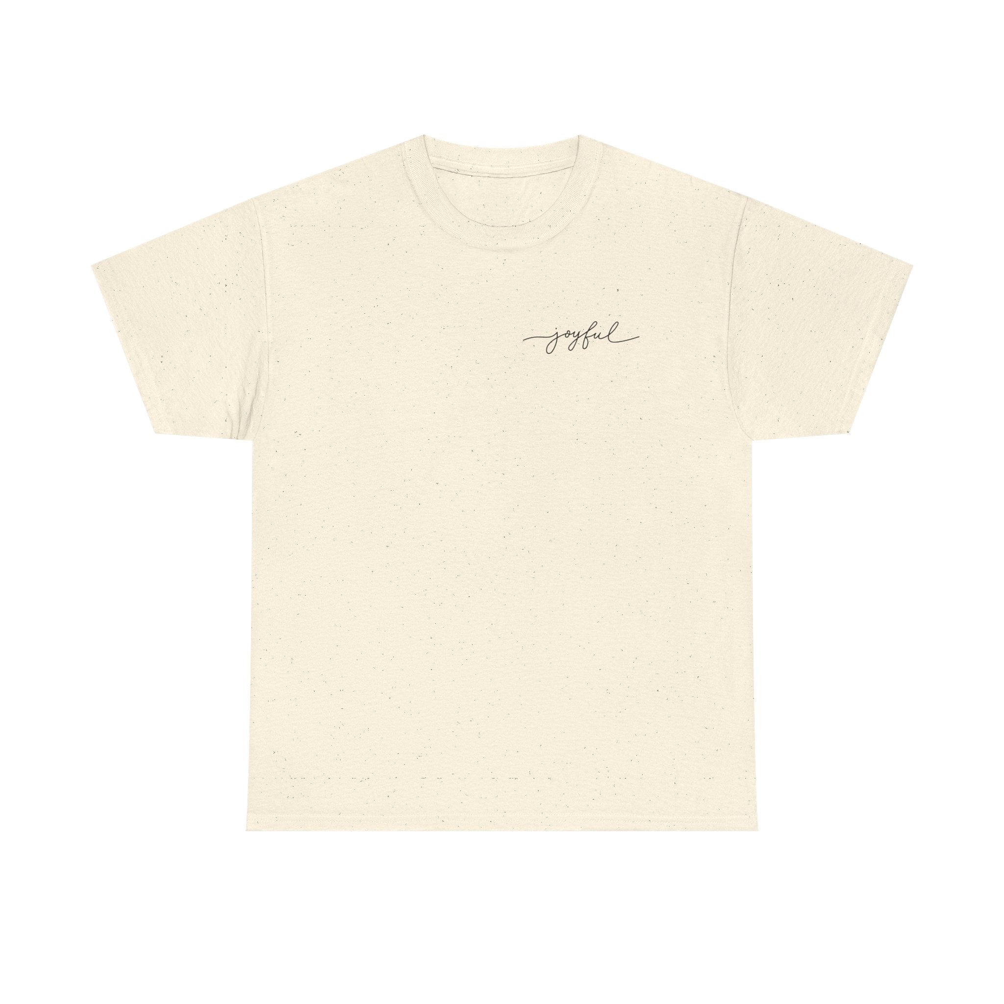 Natural t-shirt with 'joyful' text on a white background