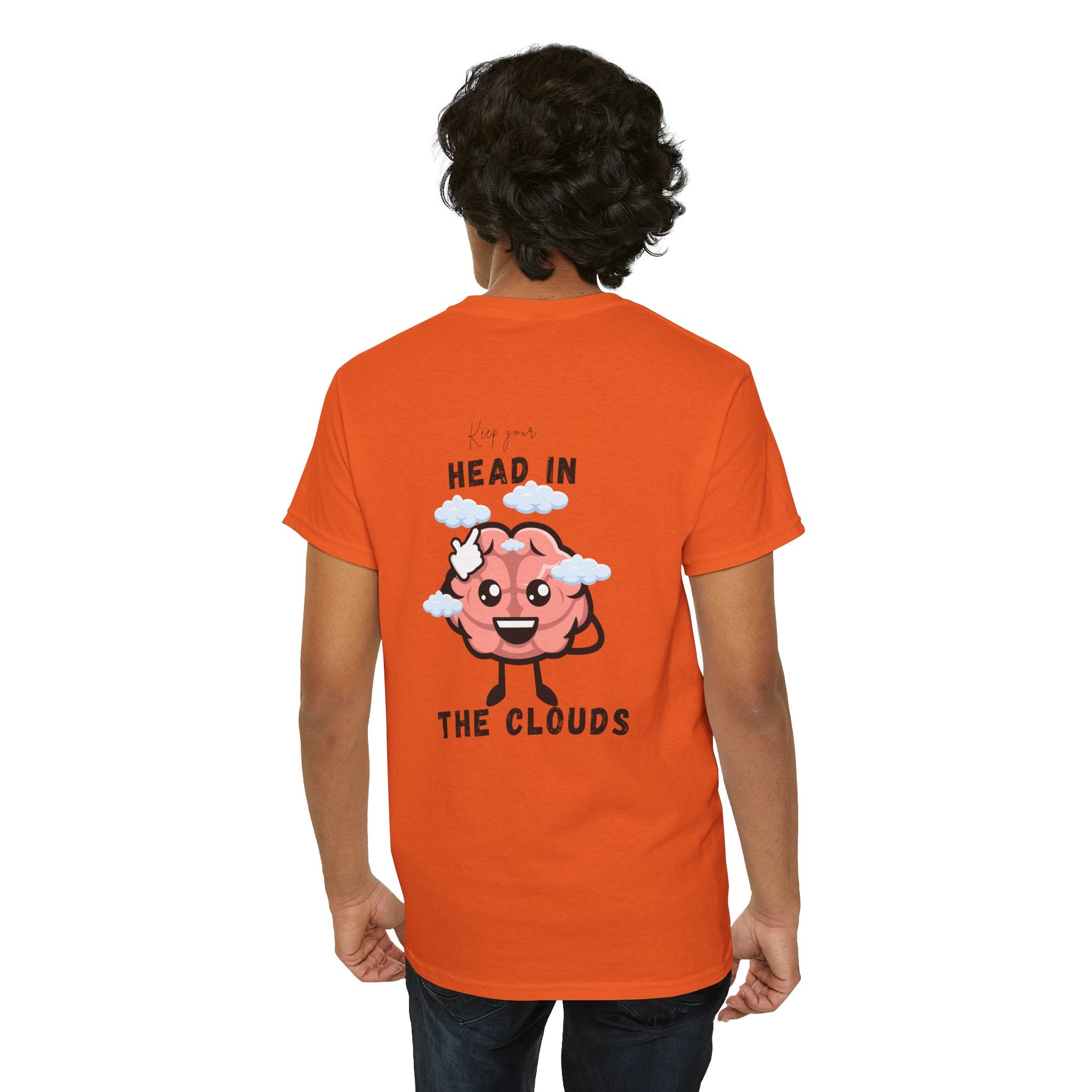 Person wearing an orange t-shirt with a brain graphic and text on the back.