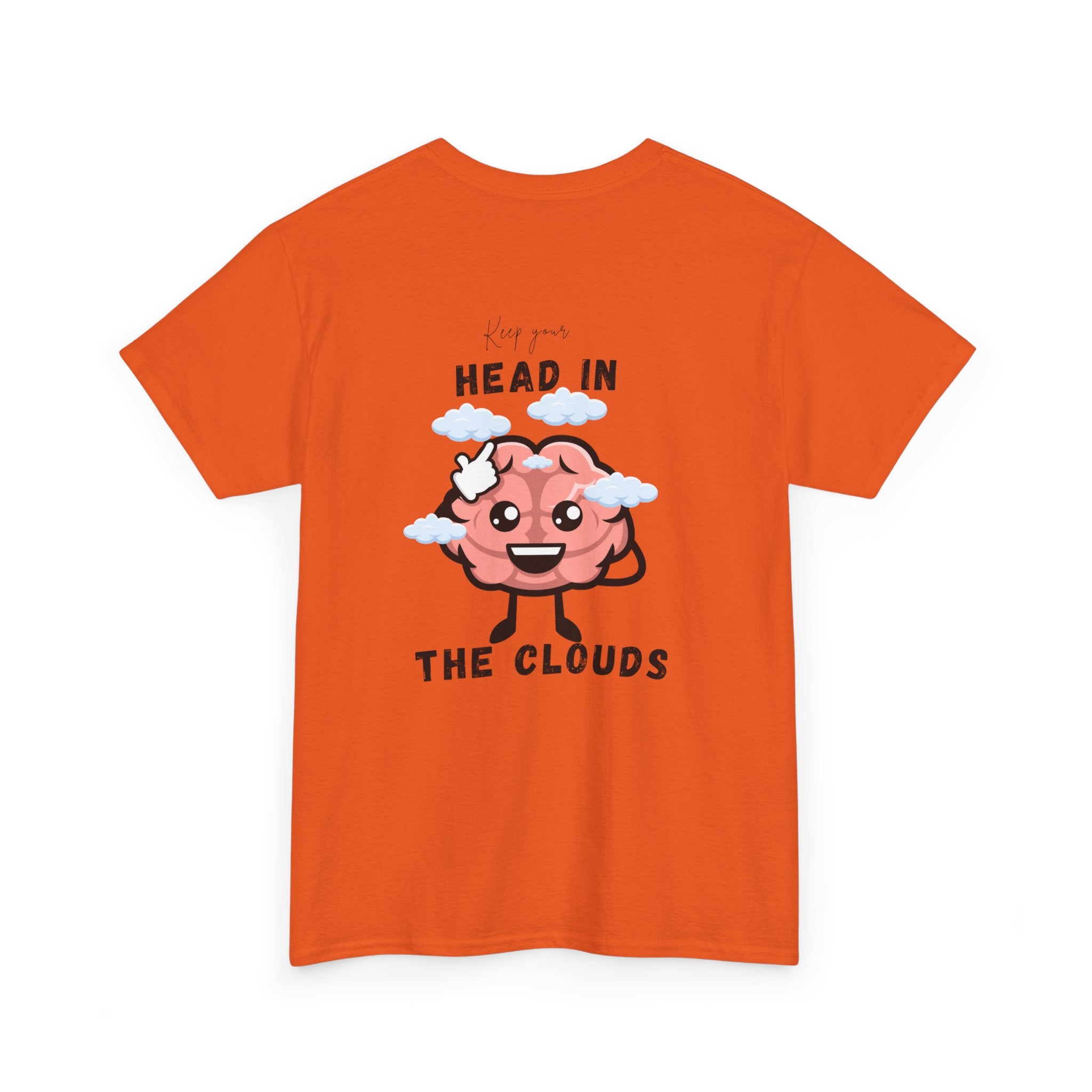 Orange t-shirt with a brain graphic and text on a white background