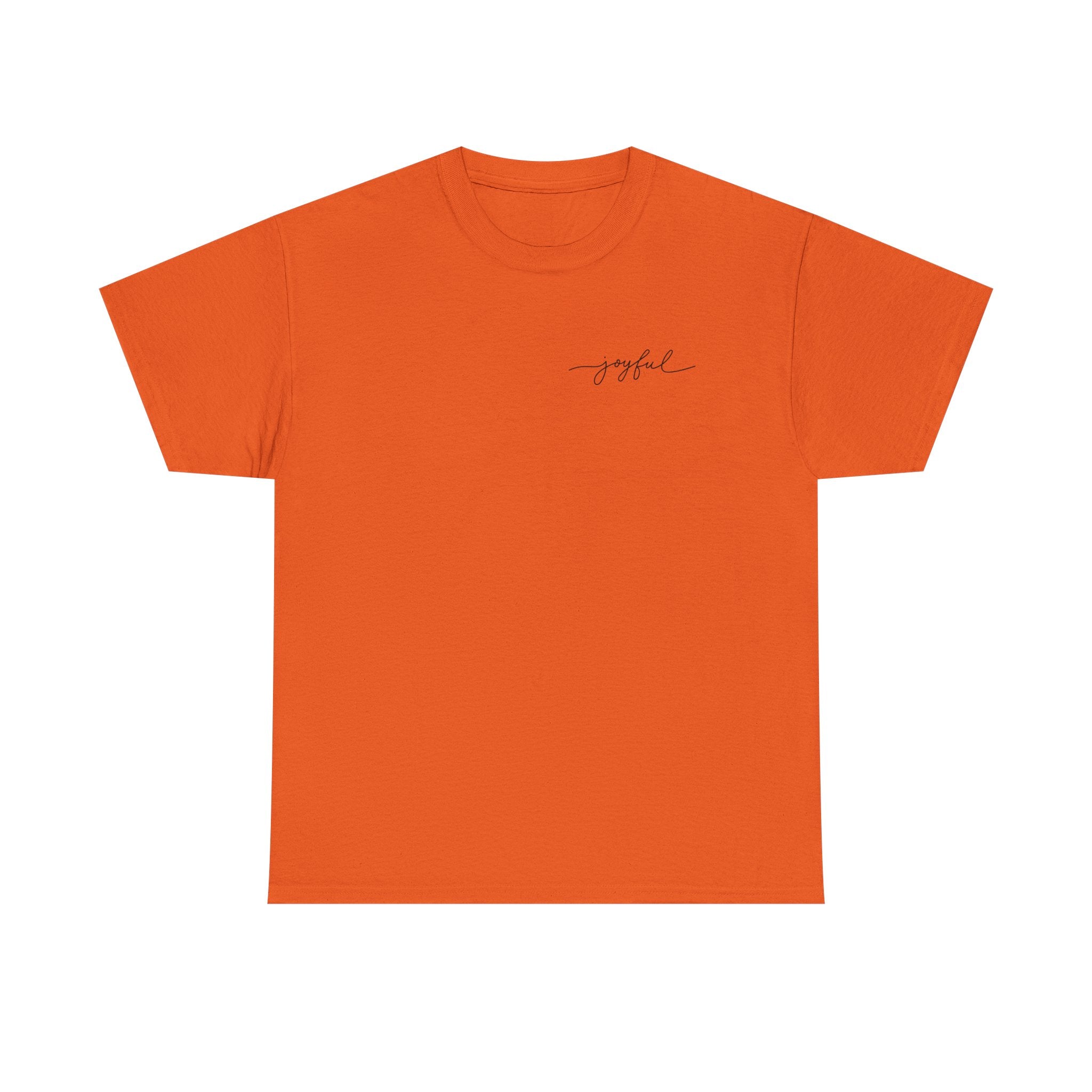 Orange t-shirt with 'joyful' text on a white background