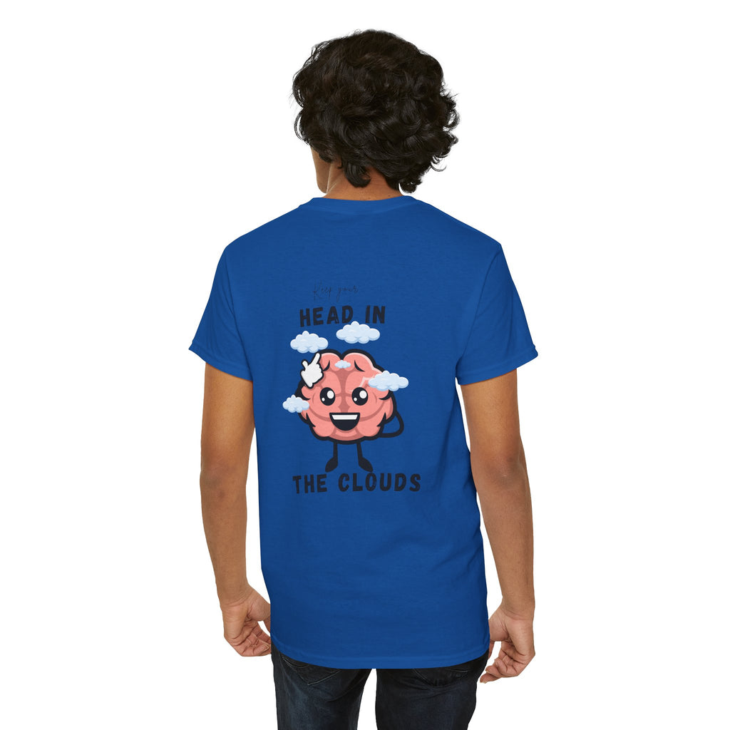 Person wearing a Royal t-shirt with a cartoon brain design and text on the back.