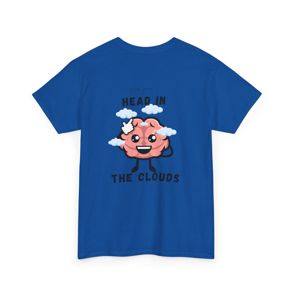 Royal t-shirt with a cartoon brain design and text on the back
