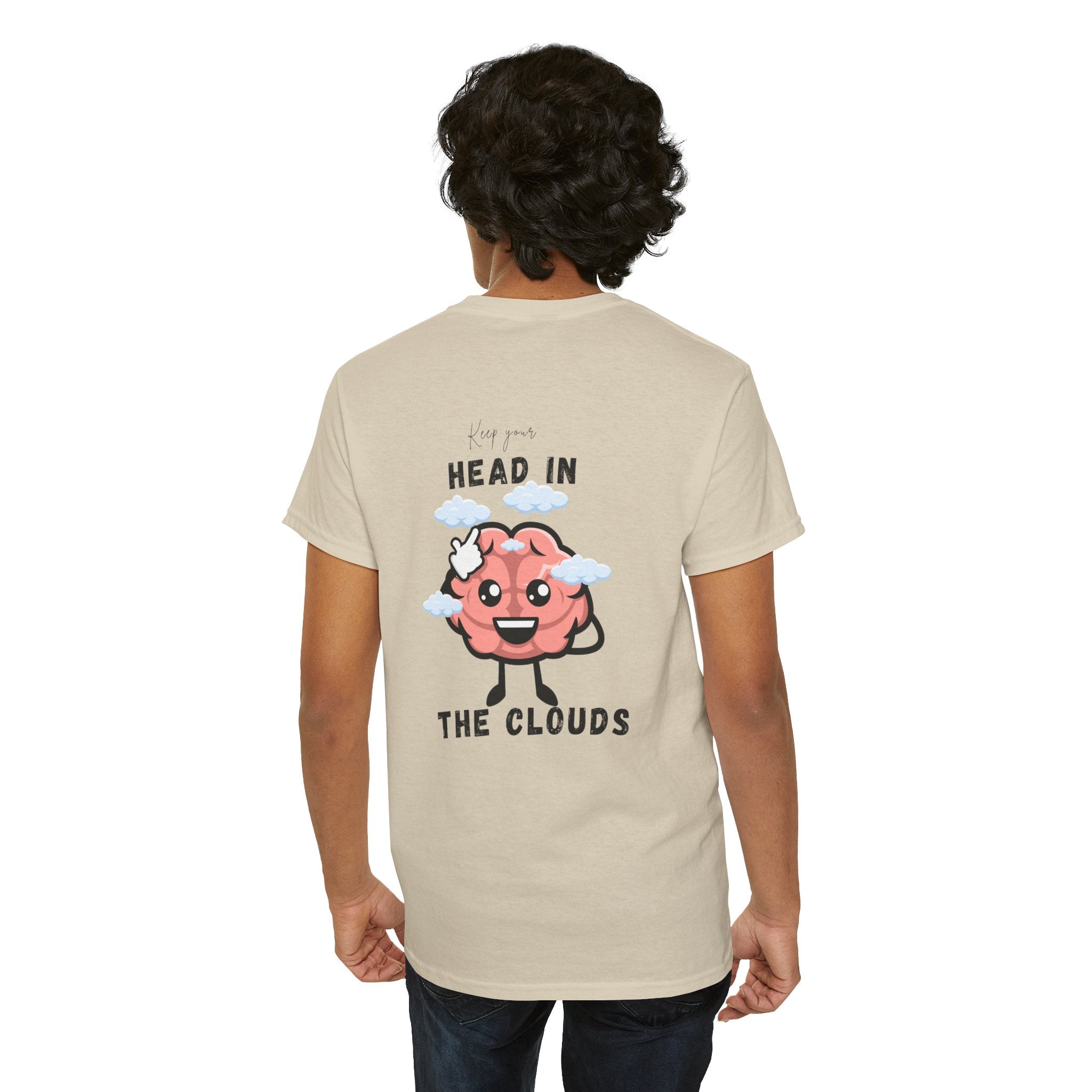 Person wearing a Sand t-shirt with a brain graphic and text on the back