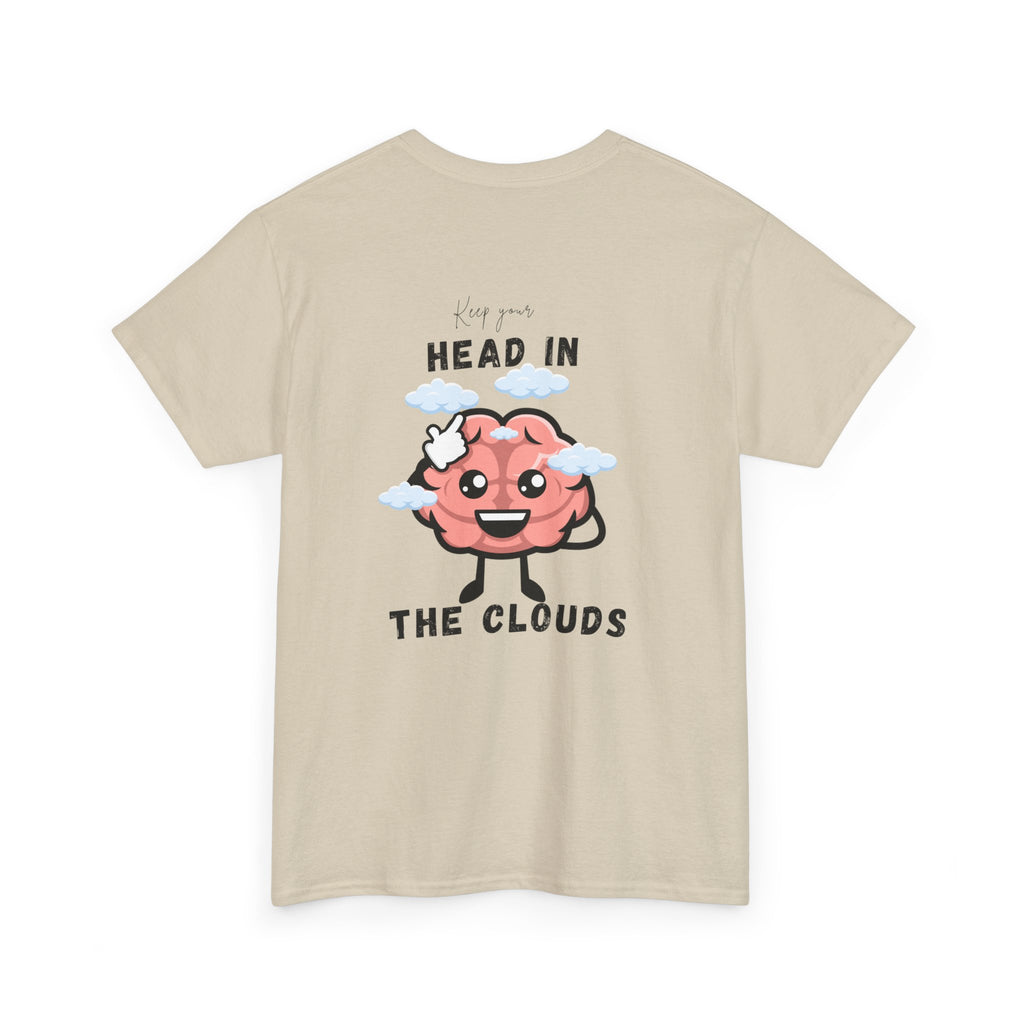 Sand t-shirt with a cartoon brain graphic and text on the back