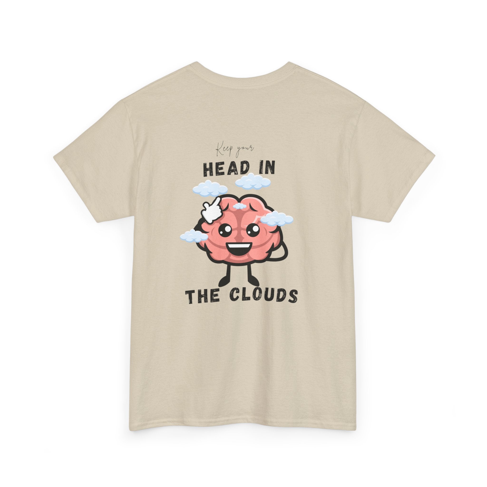 Sand t-shirt with a cartoon brain graphic and text on the back
