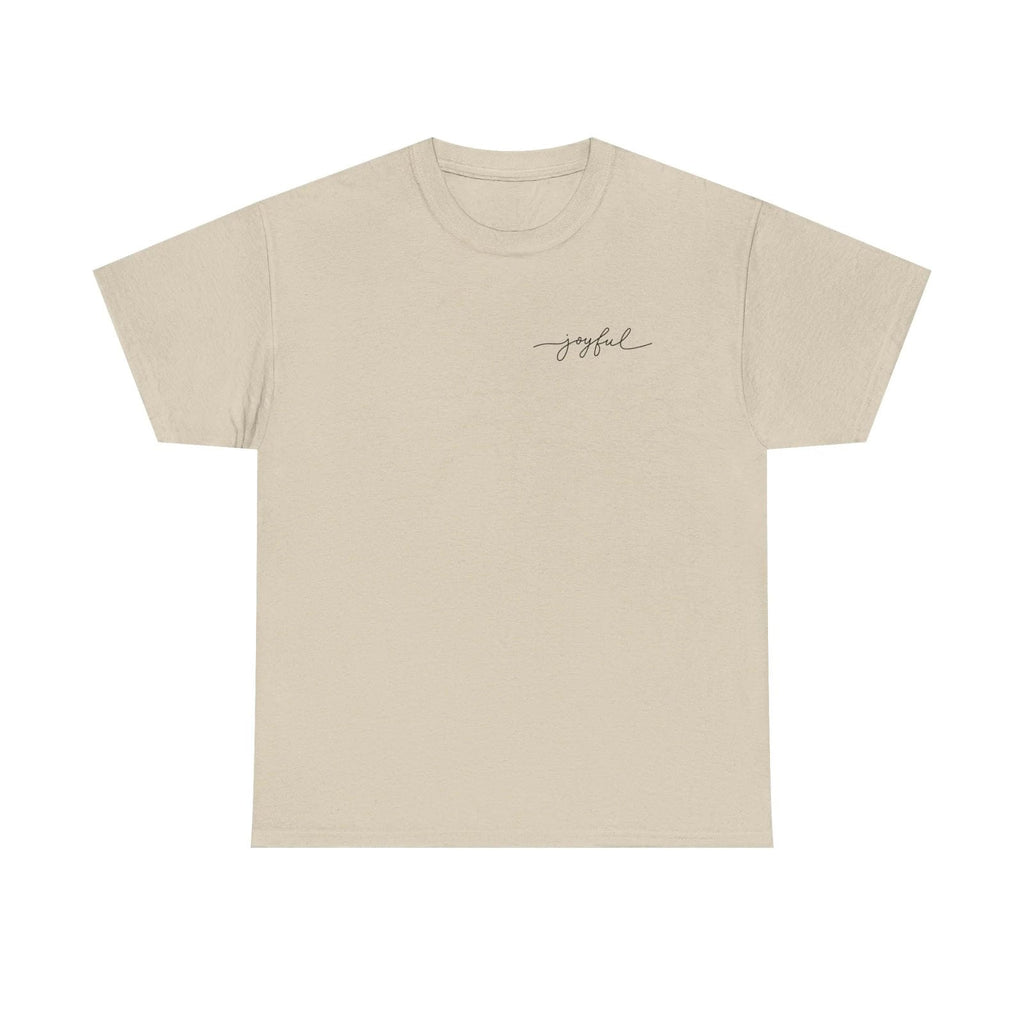 Sand t-shirt with 'joyful' text on a white background