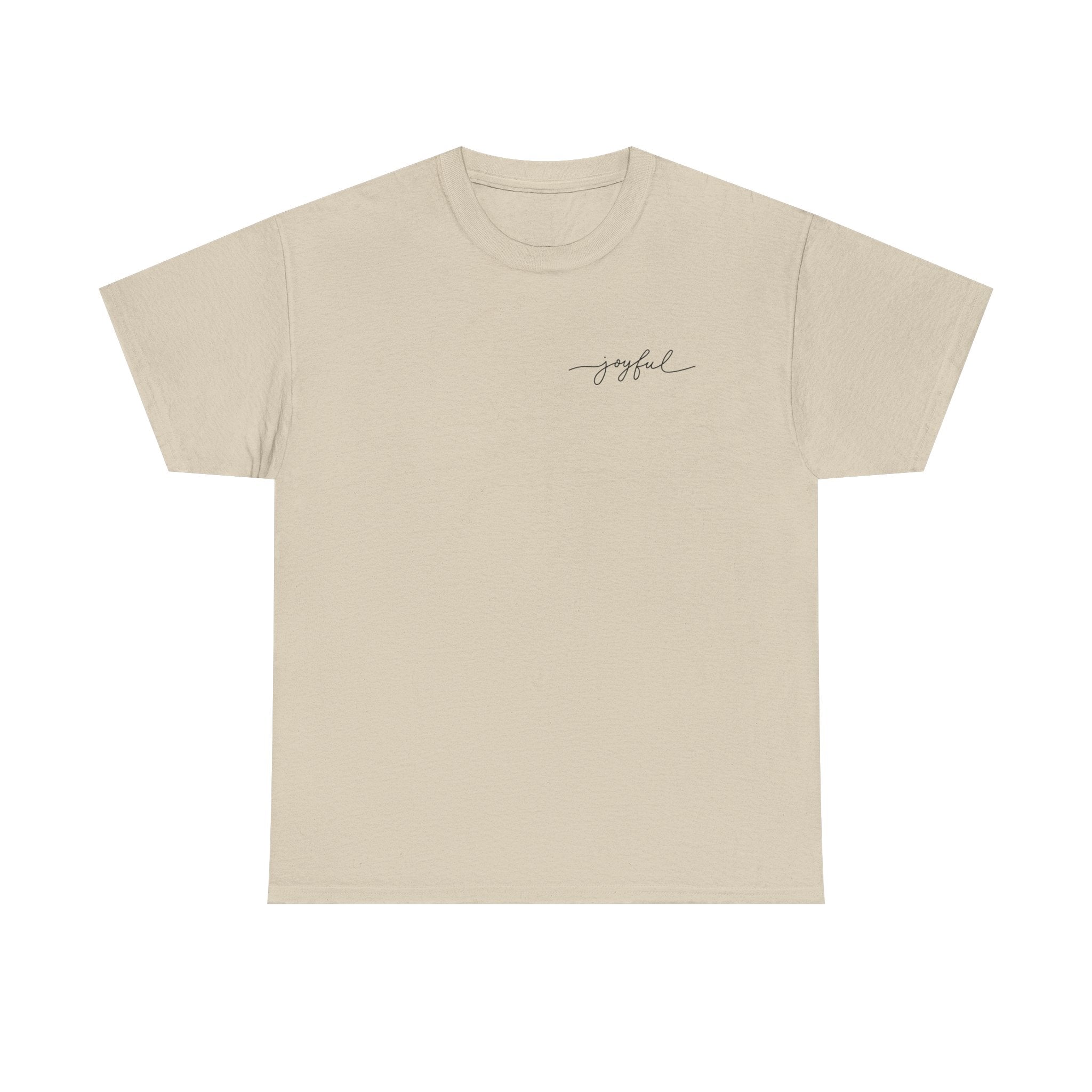 Sand t-shirt with 'joyful' text on a white background