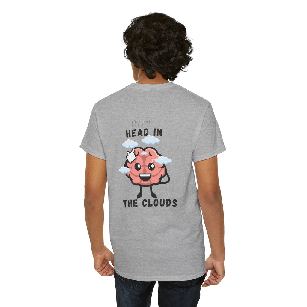 Person wearing a Sport gray t-shirt with a brain graphic and text on the back