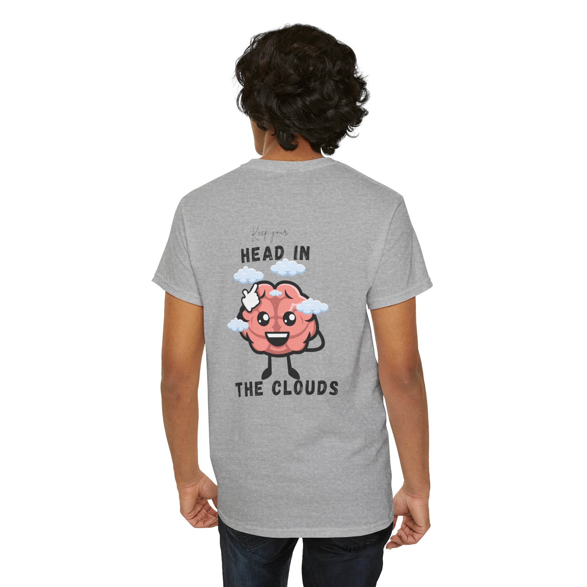 Person wearing a Sport gray t-shirt with a brain graphic and text on the back