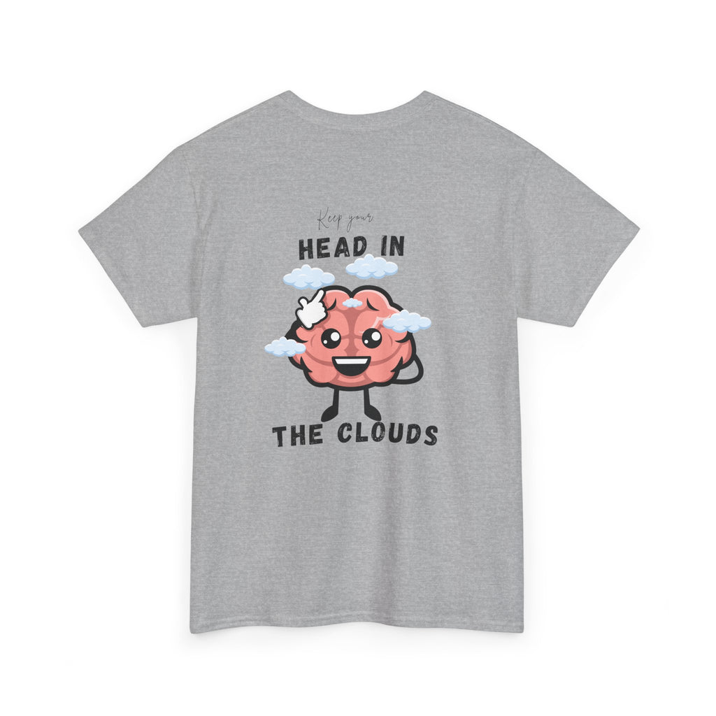 Sport Gray t-shirt with a cartoon brain design and text on the back