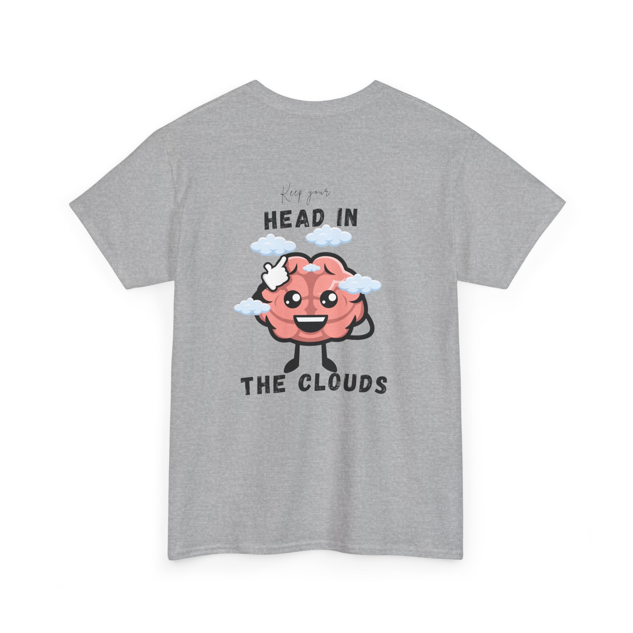 Sport Gray t-shirt with a cartoon brain design and text on the back