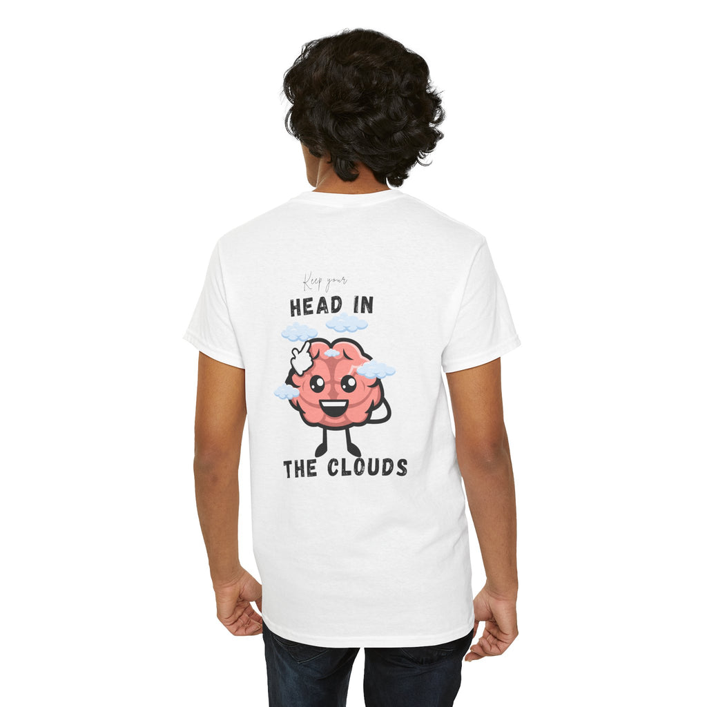 Person wearing a white t-shirt with a cartoon brain design and text on the back.