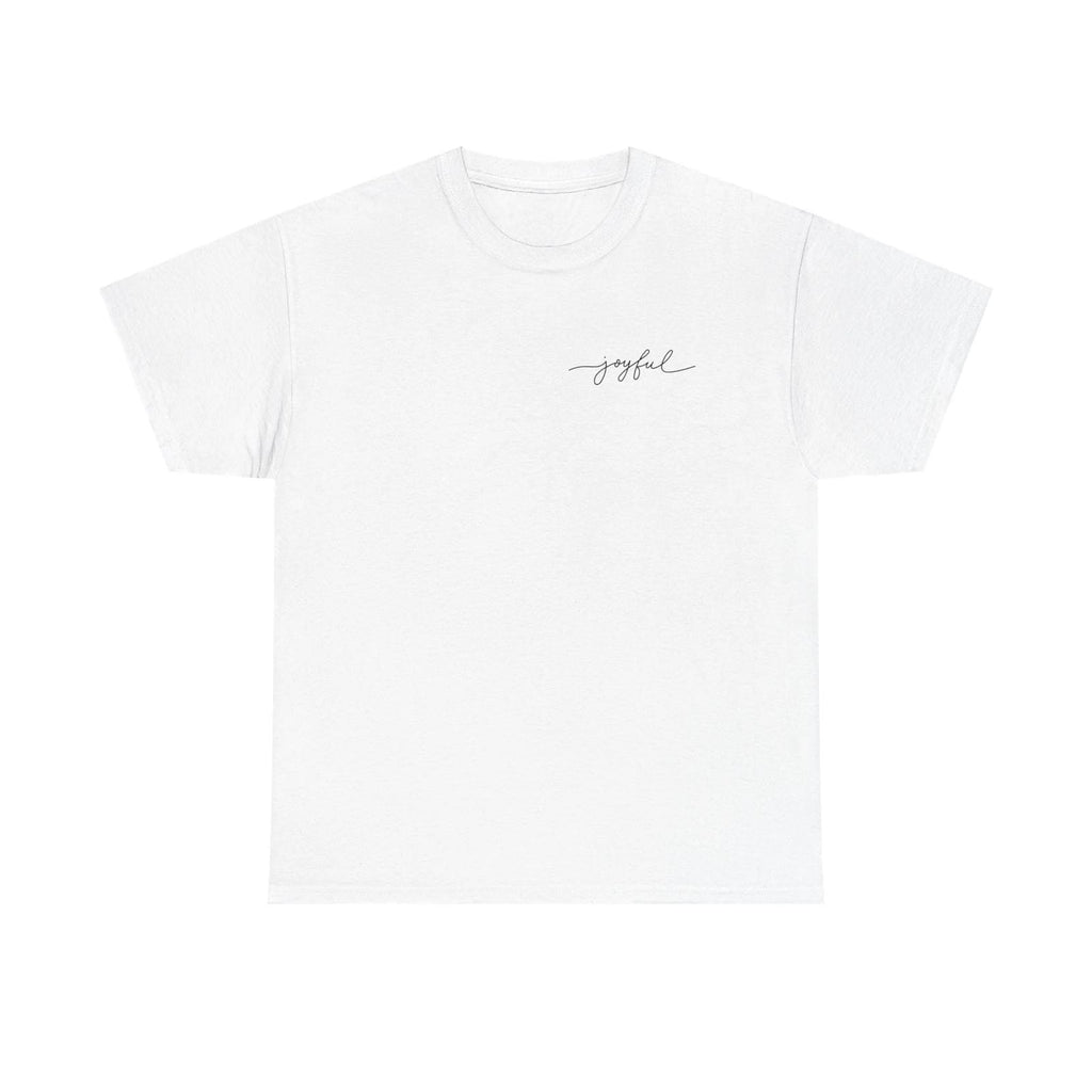 White t-shirt with 'joyful' text on a white background