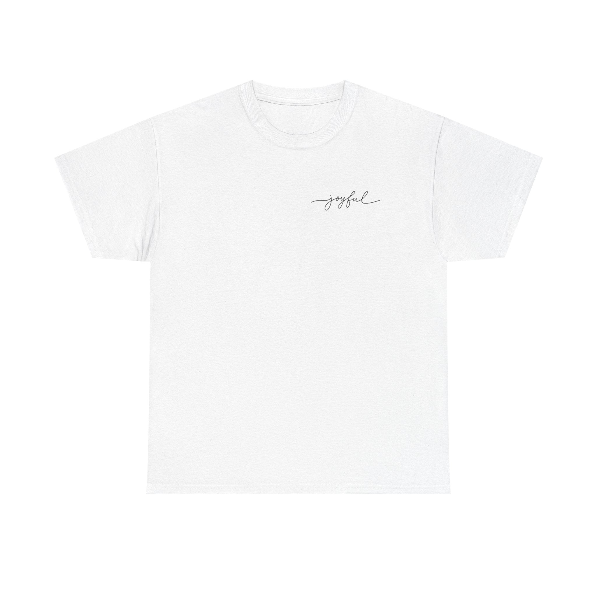 White t-shirt with 'joyful' text on a white background