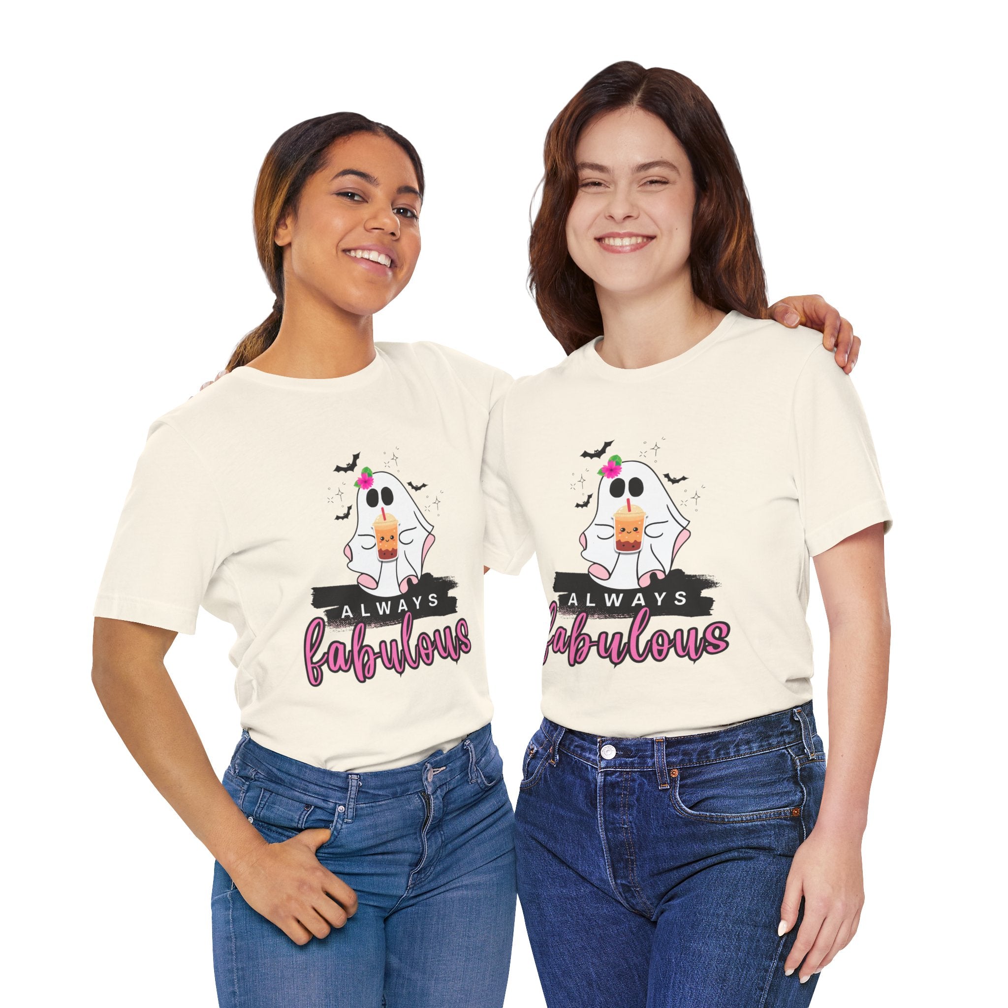 Natural t-shirt with a ghost graphic and 'Always Fabulous' text on a white background