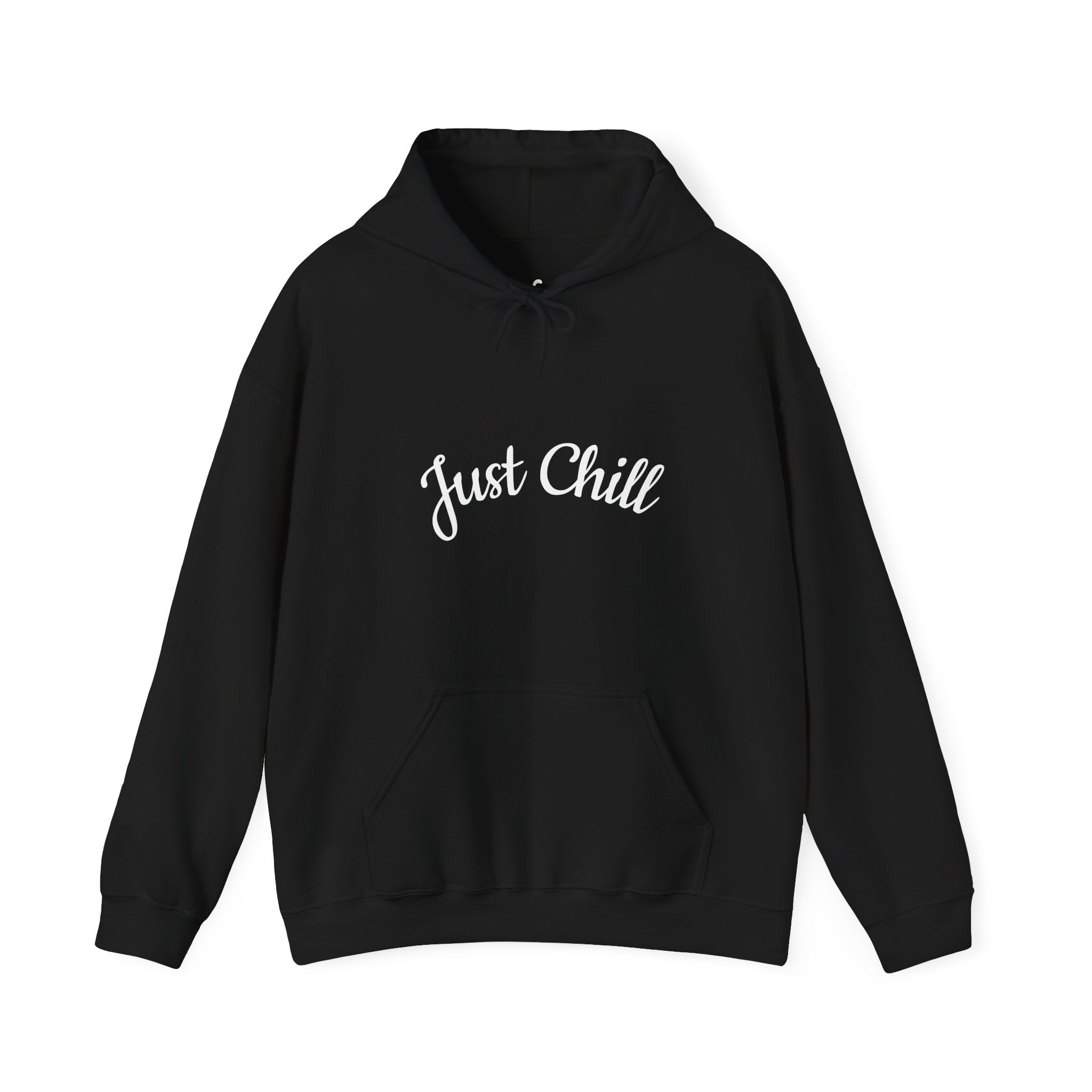 Black hoodie with 'Just Chill' text on a white background