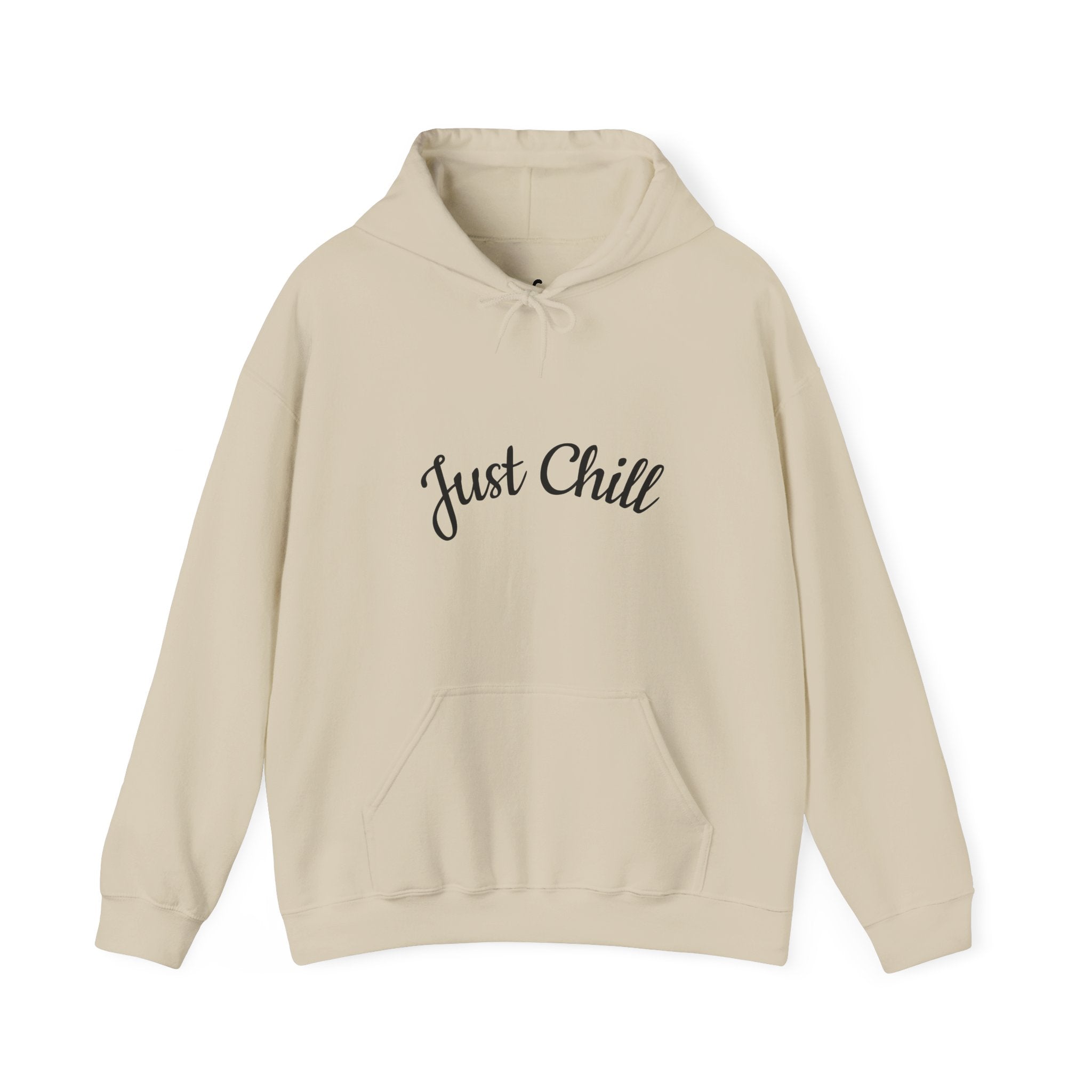Sand hoodie with 'Just Chill' text on a white background