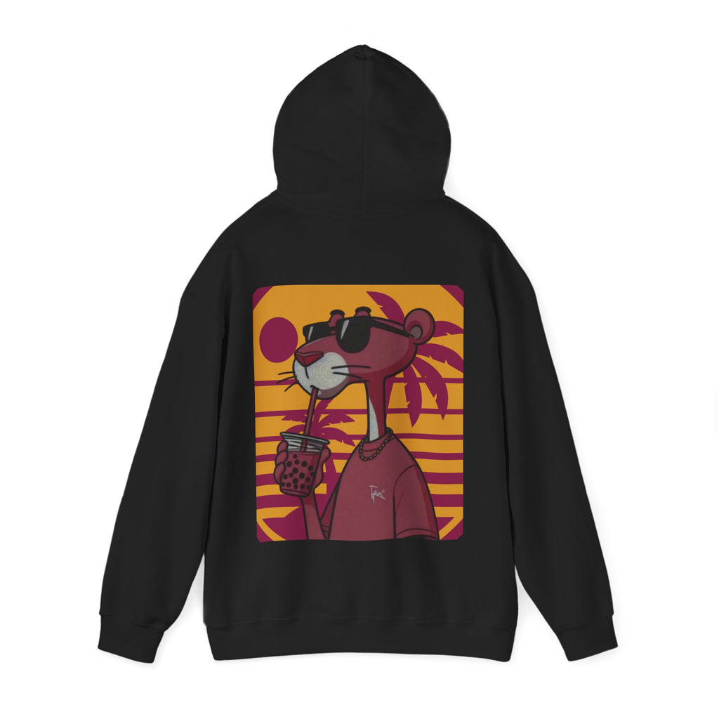 Black hoodie with a cartoon character design on the back against a white background