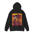 Black hoodie with a cartoon character design on the back against a white background