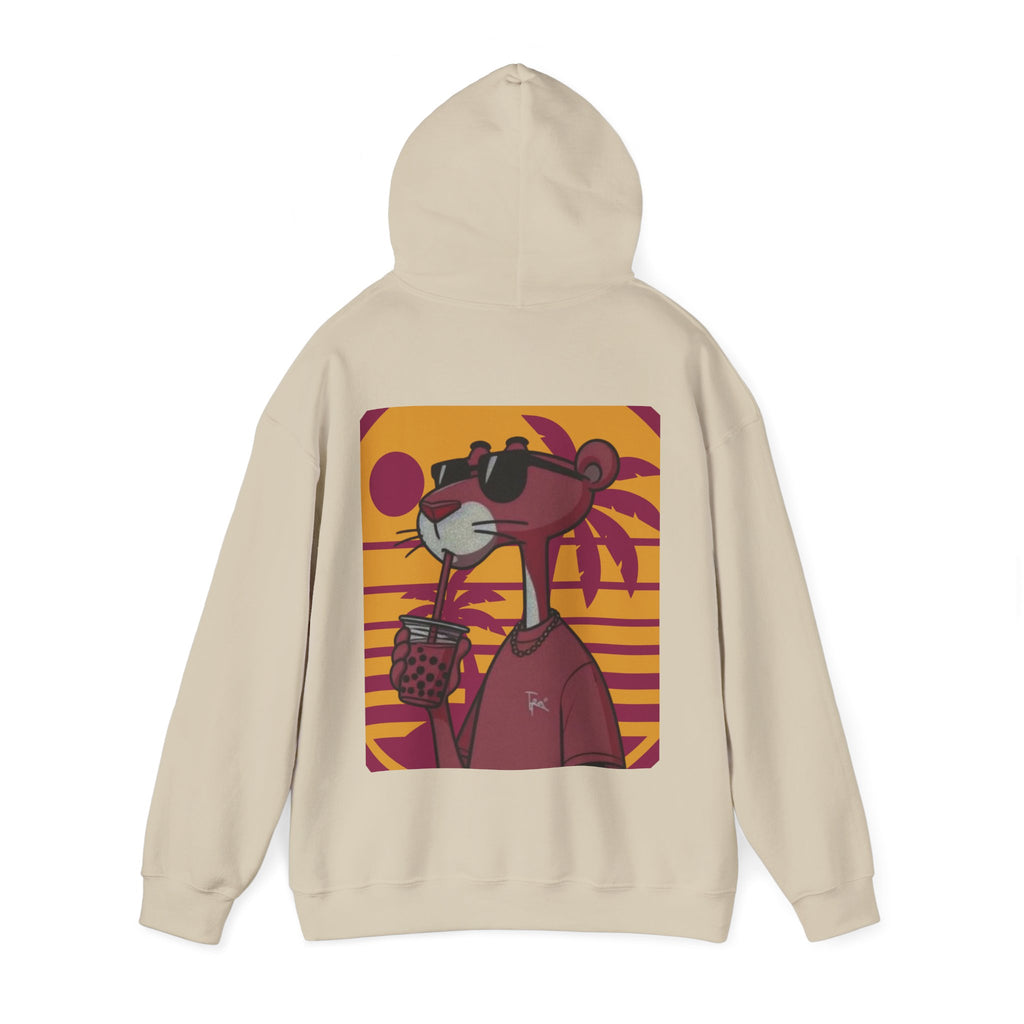 Sand hoodie with a cartoon character design on the back against a white background