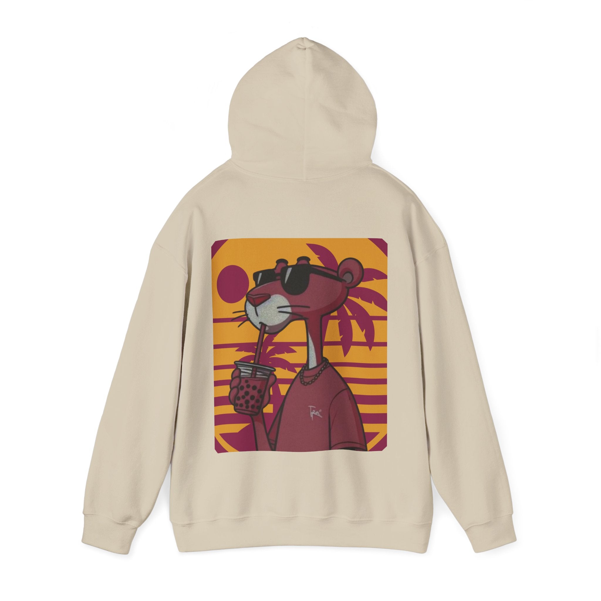 Sand hoodie with a cartoon character design on the back against a white background