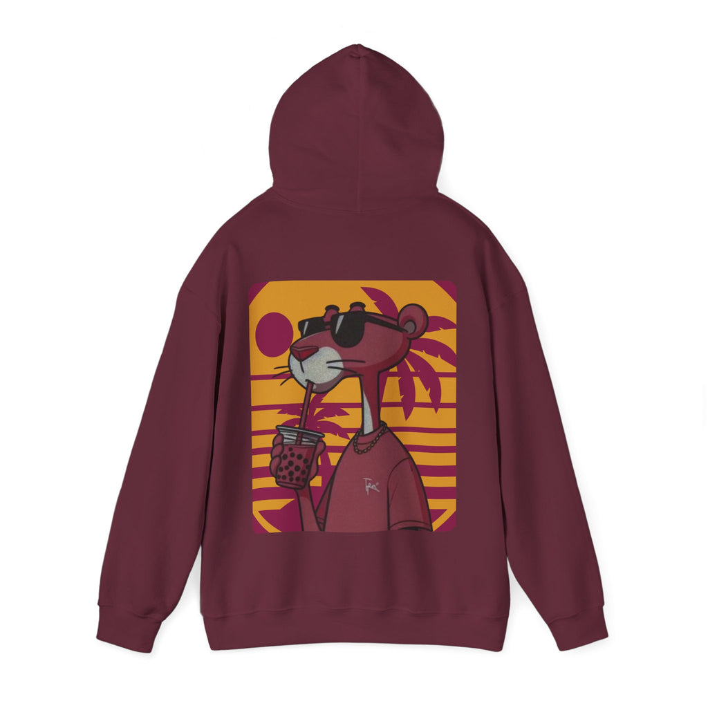 Maroon hoodie with a cartoon character drinking bubble tea on a yellow background