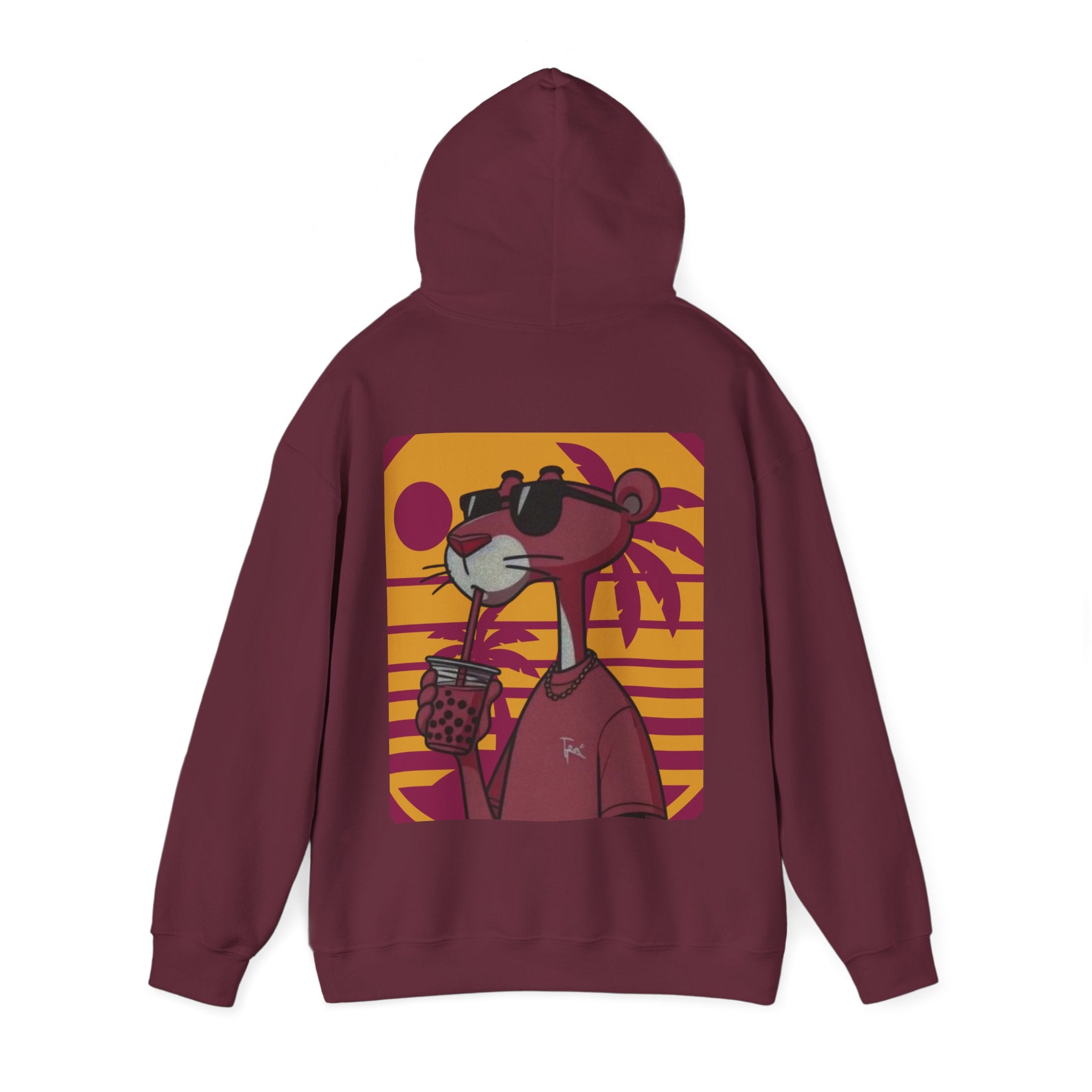 Maroon hoodie with a cartoon character drinking bubble tea on a yellow background