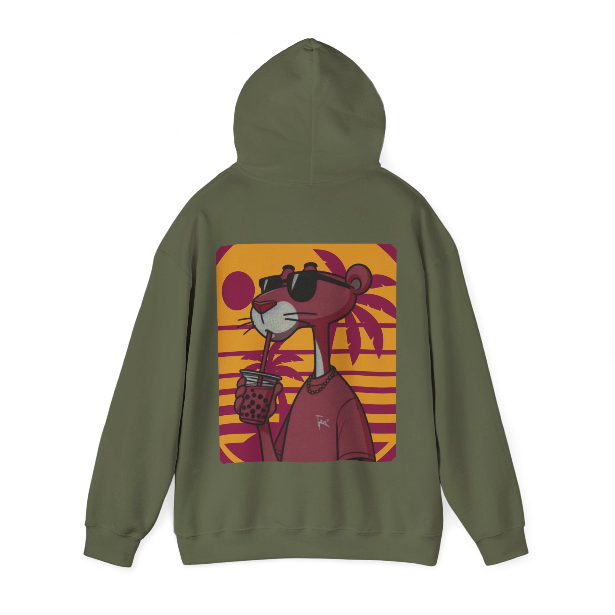 Military Green hoodie with a cartoon character design on the back against a white background