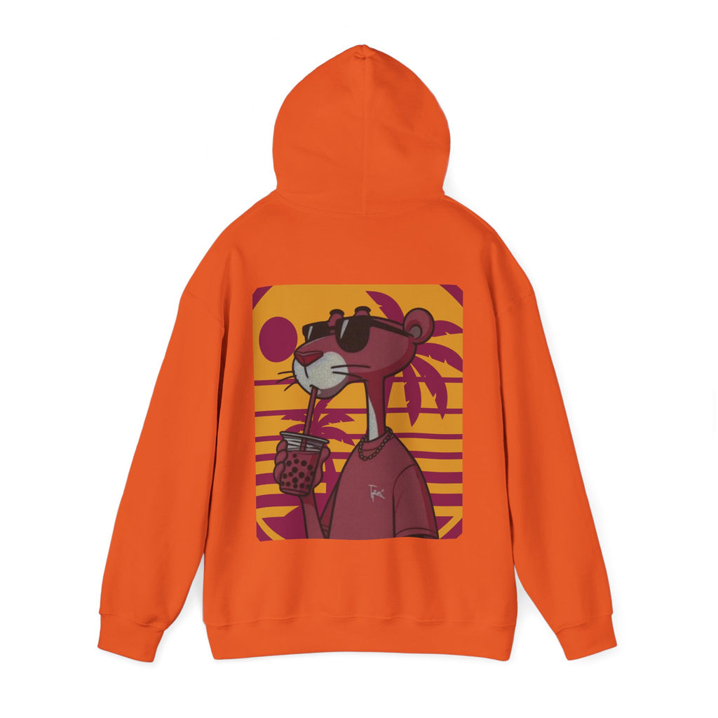 Orange hoodie with a cartoon character design on the back against a white background