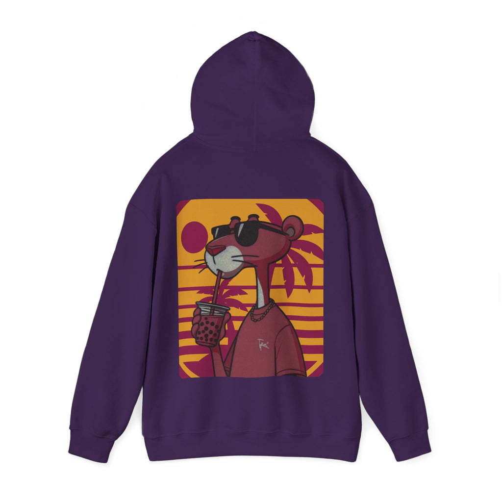 Purple hoodie with a cartoon character design on the back against a white background