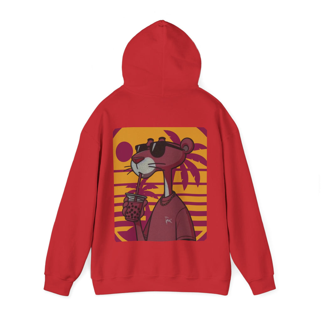 Red hoodie with a cartoon character design on the back against a white background