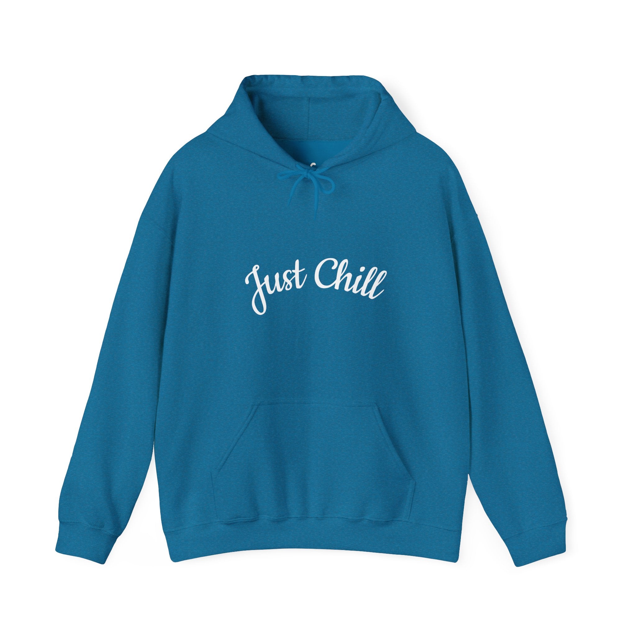 Antique Sapphire hoodie with 'Just Chill' text on a white background
