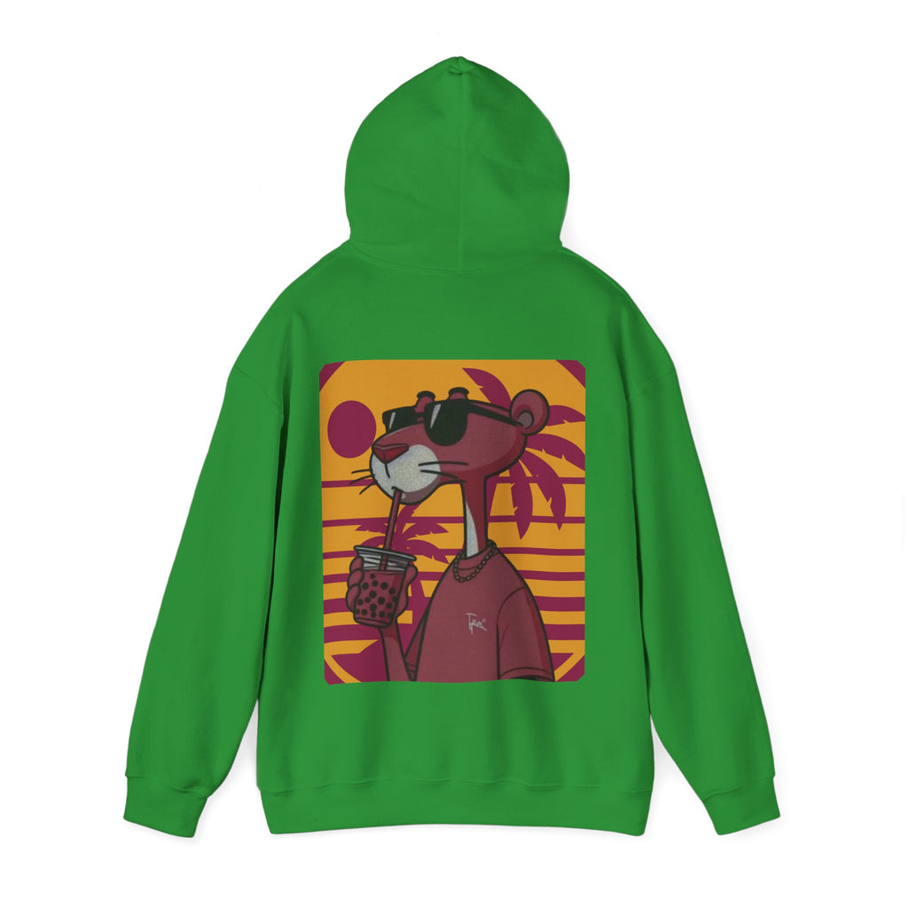 Irish Green hoodie with a cartoon character design on the back against a white background