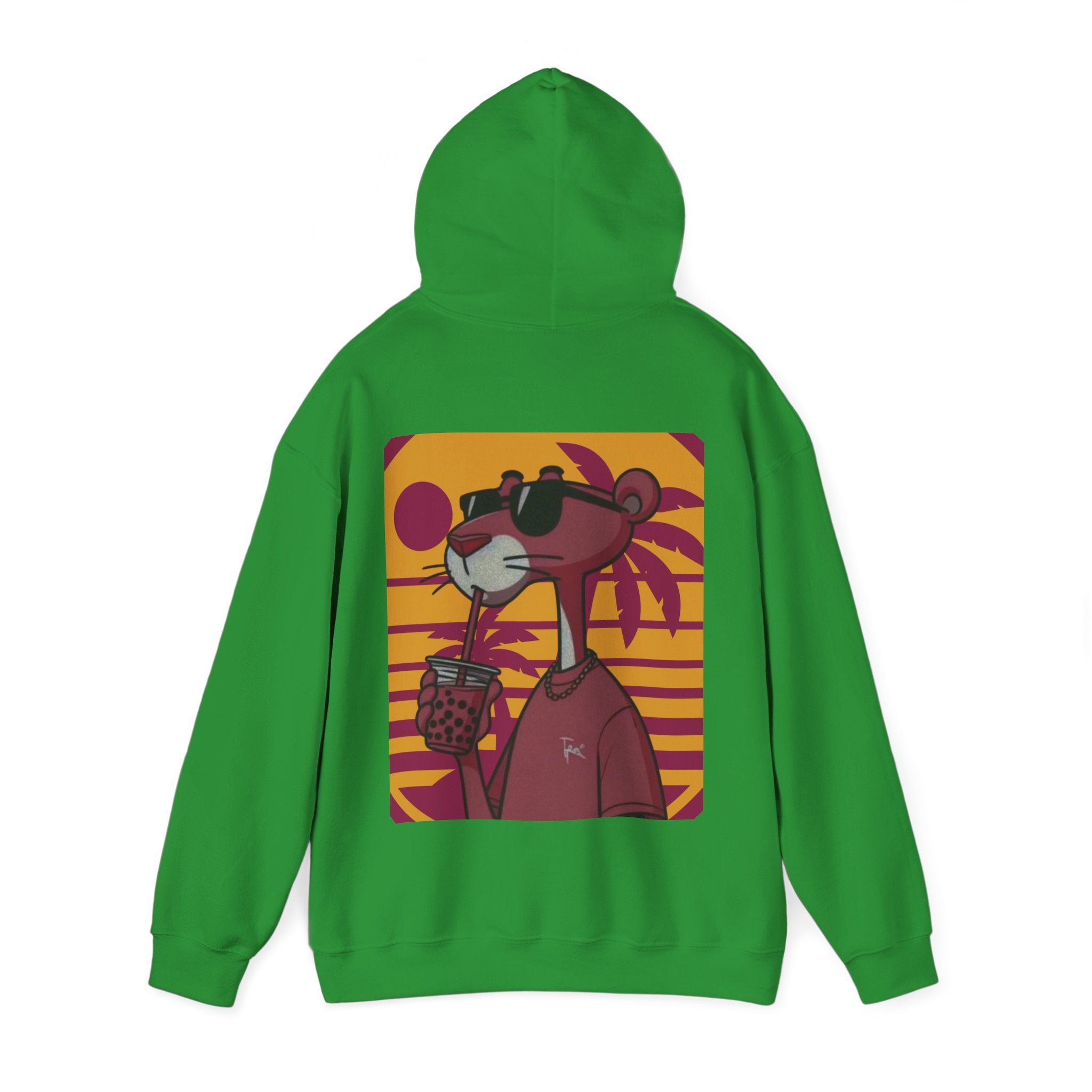Irish Green hoodie with a cartoon character design on the back against a white background