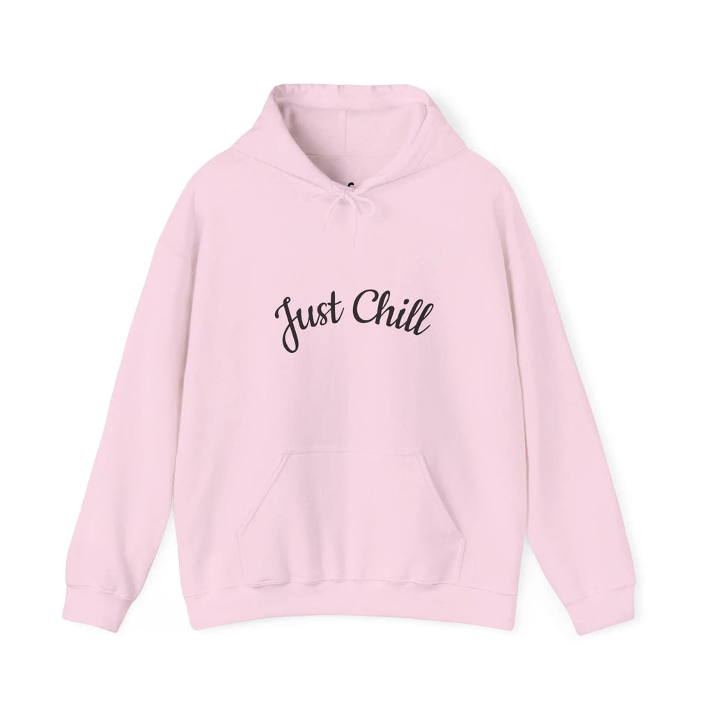 Light Pink hoodie with 'Just Chill' text on a white background