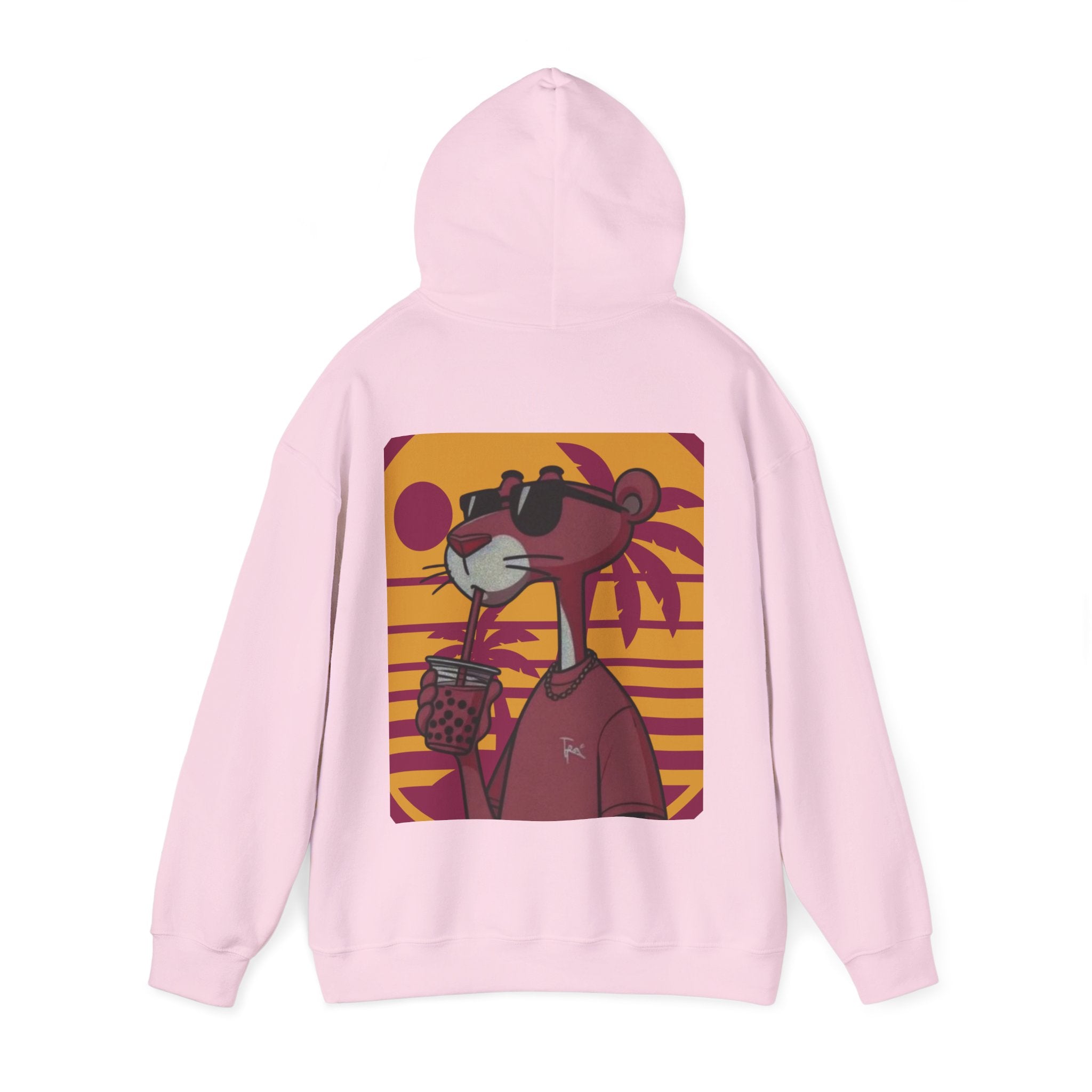 Light Pink hoodie with a cartoon character design on the back against a white background