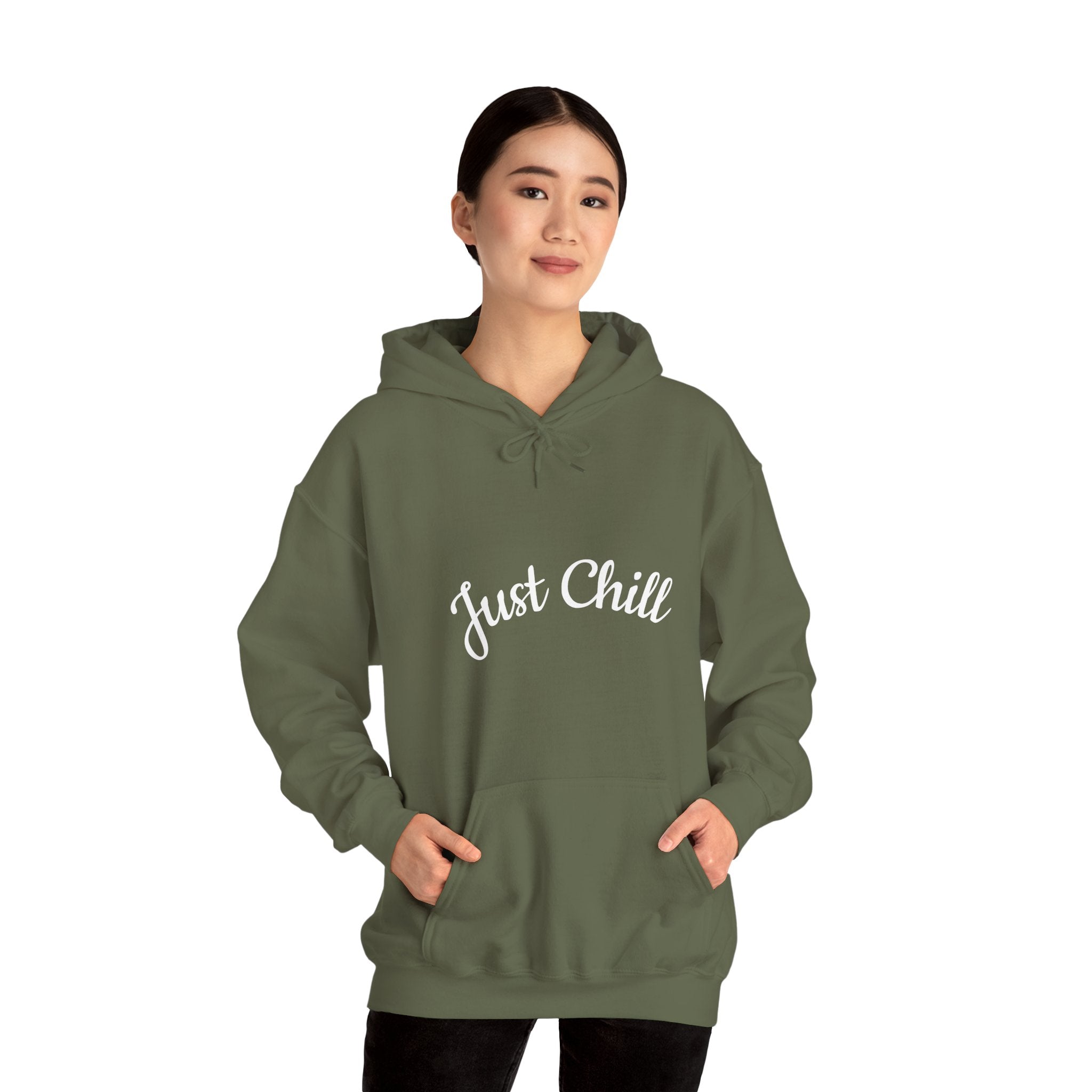 Person wearing a Military green hoodie with 'Just Chill' text on a white background